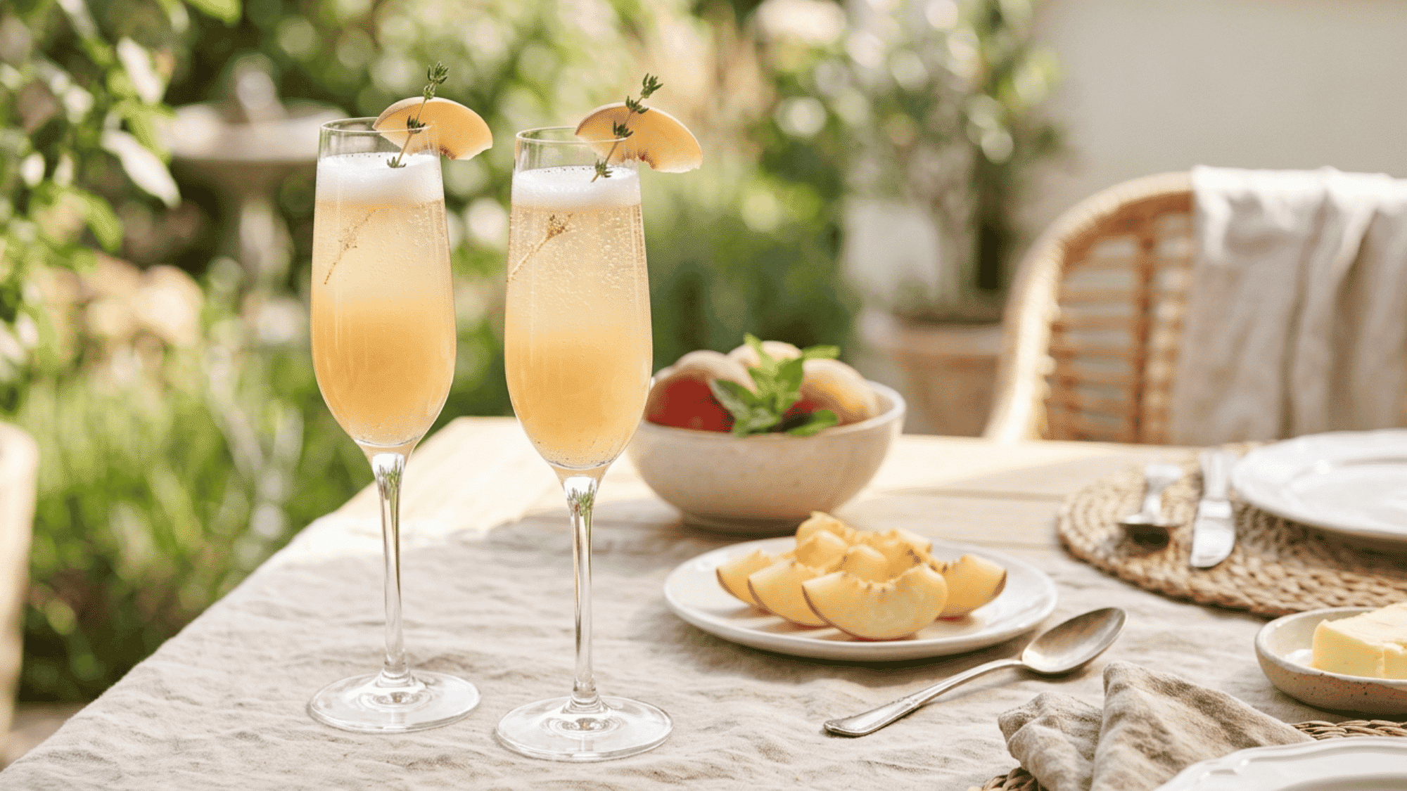 Two peach bellinis in flutes with peach slices on a bright brunch table