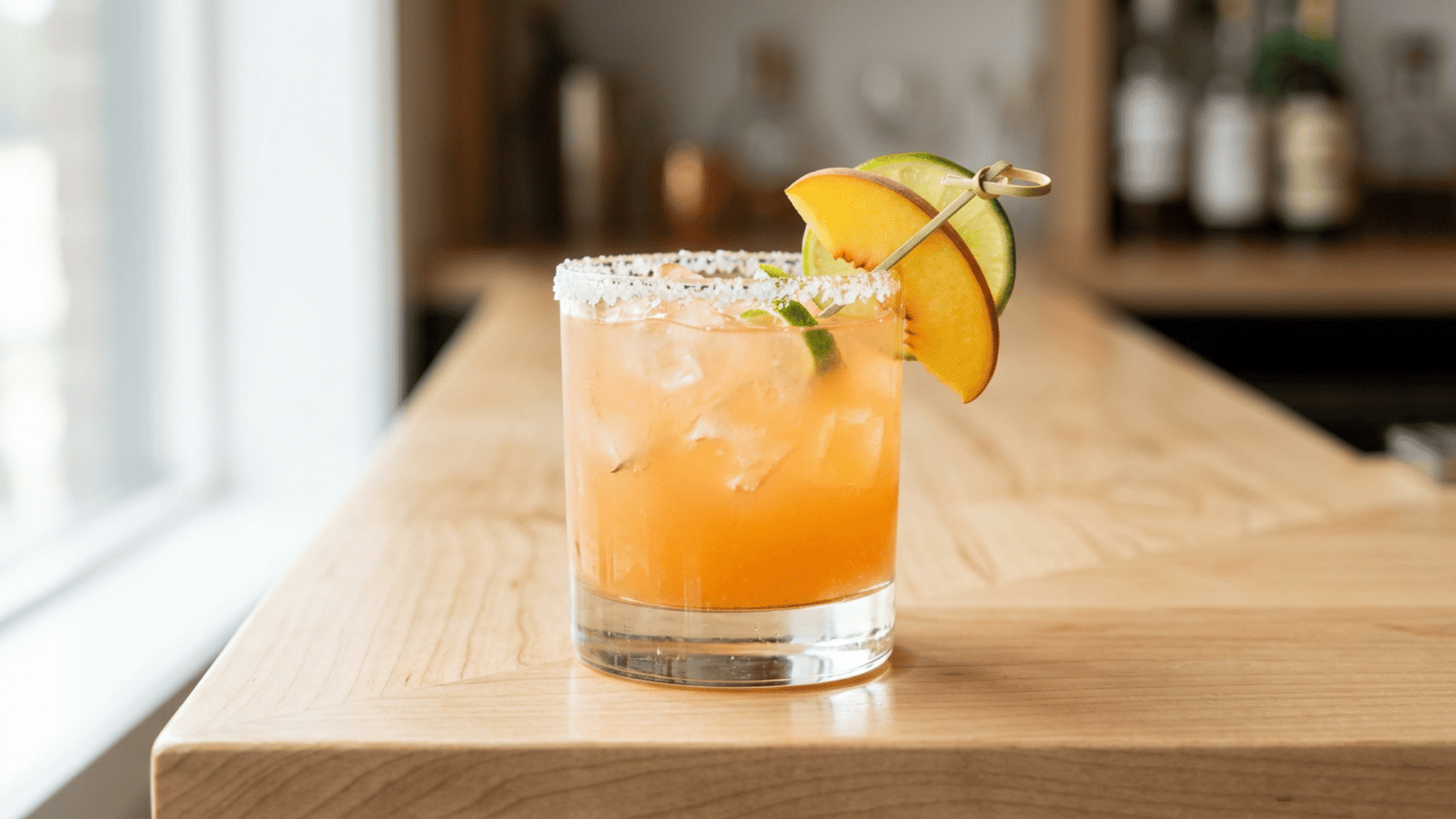 Peach margarita in a rocks glass with peach slice, lime wheel, and rim garnish