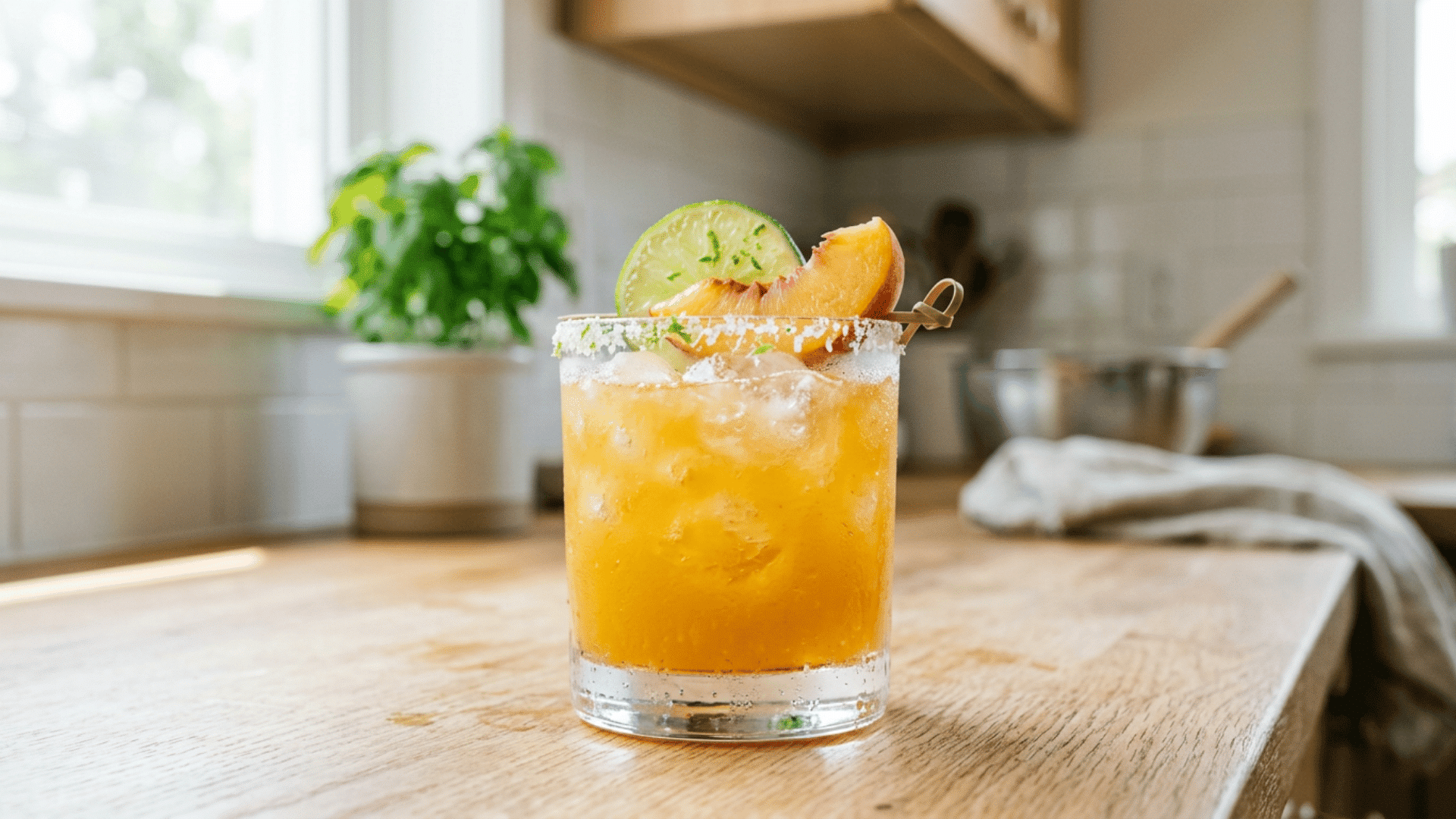 Peach margarita with soft golden-orange color and peach slice garnish