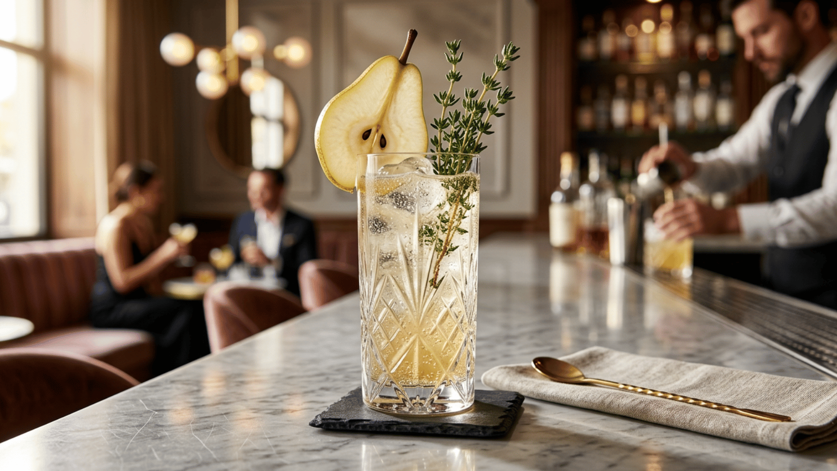 A sophisticated Pear Ginger Mocktail over ice, garnished with a fresh pear slice and a thyme sprig.