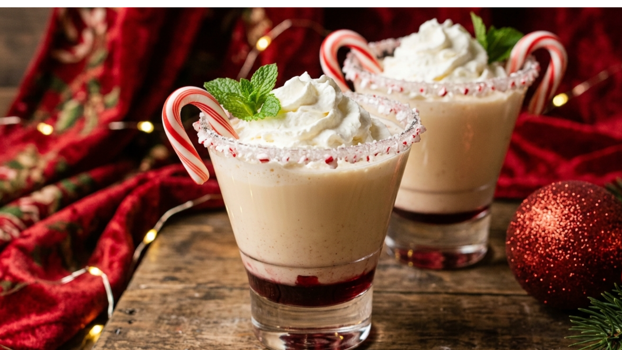 2 Peppermint White Russian with crushed candy cane rim on a wooden surface.