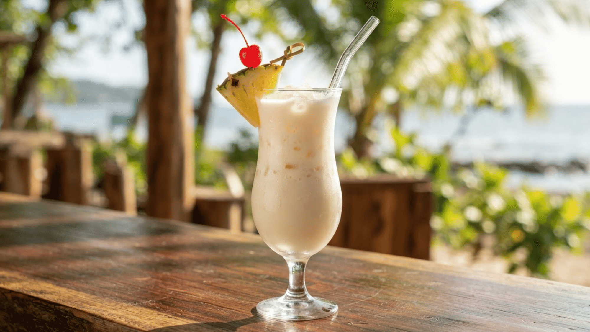 Creamy Piña Colada with pineapple, coconut, crushed ice, and cherry garnish.