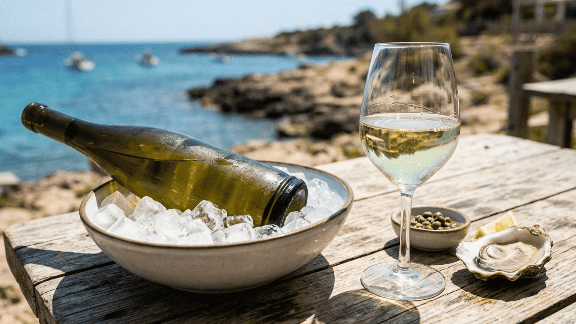 Chilled Picpoul bottle on ice with white wine, oysters, and a sunny seaside backdrop.