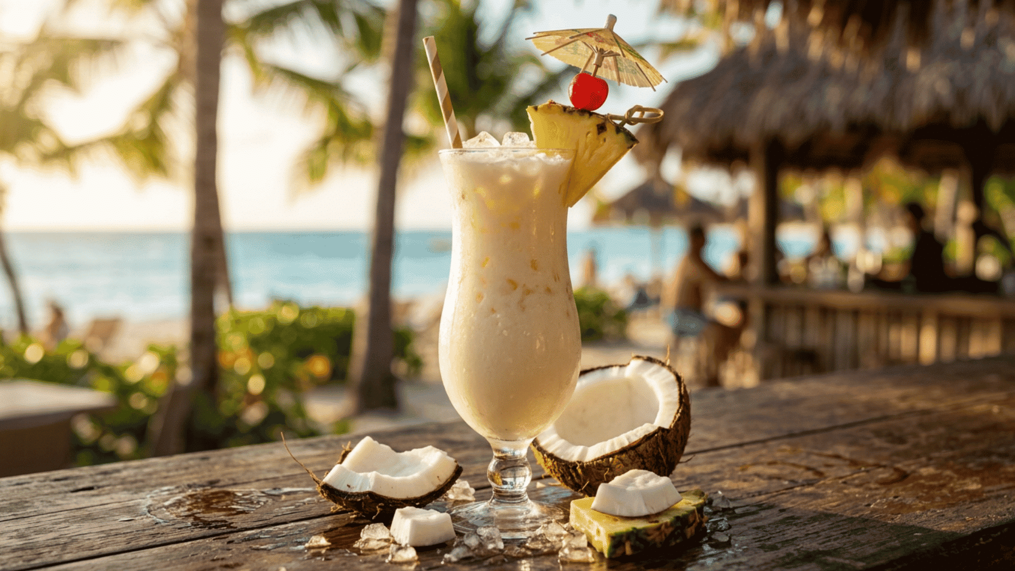 Piña Colada with pineapple, cherry, coconut pieces, and crushed ice by a beach bar.
