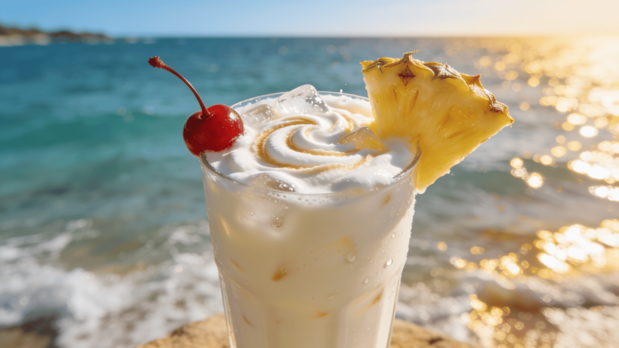 creamy piña colada with pineapple and cherry by a sunny ocean shore