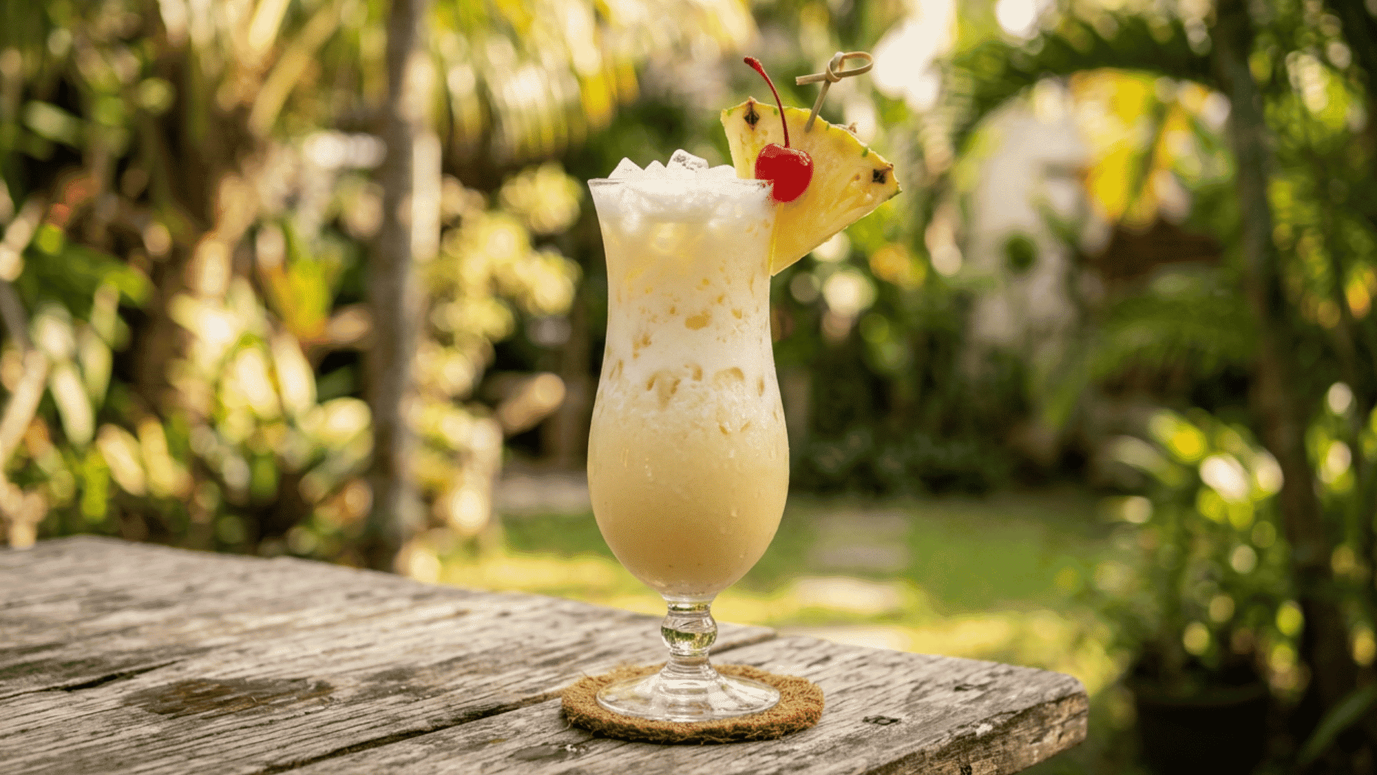 Piña Colada with pineapple and cherry in a hurricane glass