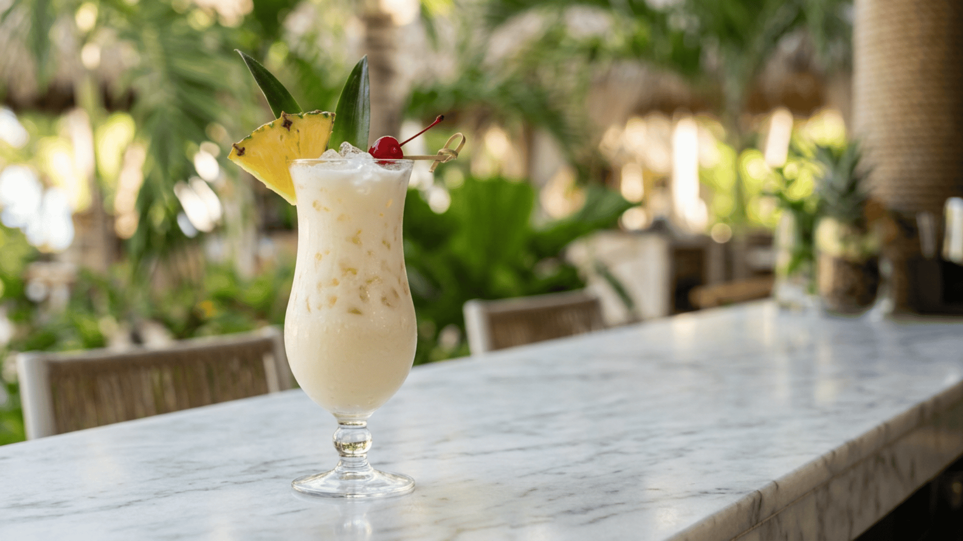 Creamy piña colada in a hurricane glass with pineapple and cherry garnish on a clean bar