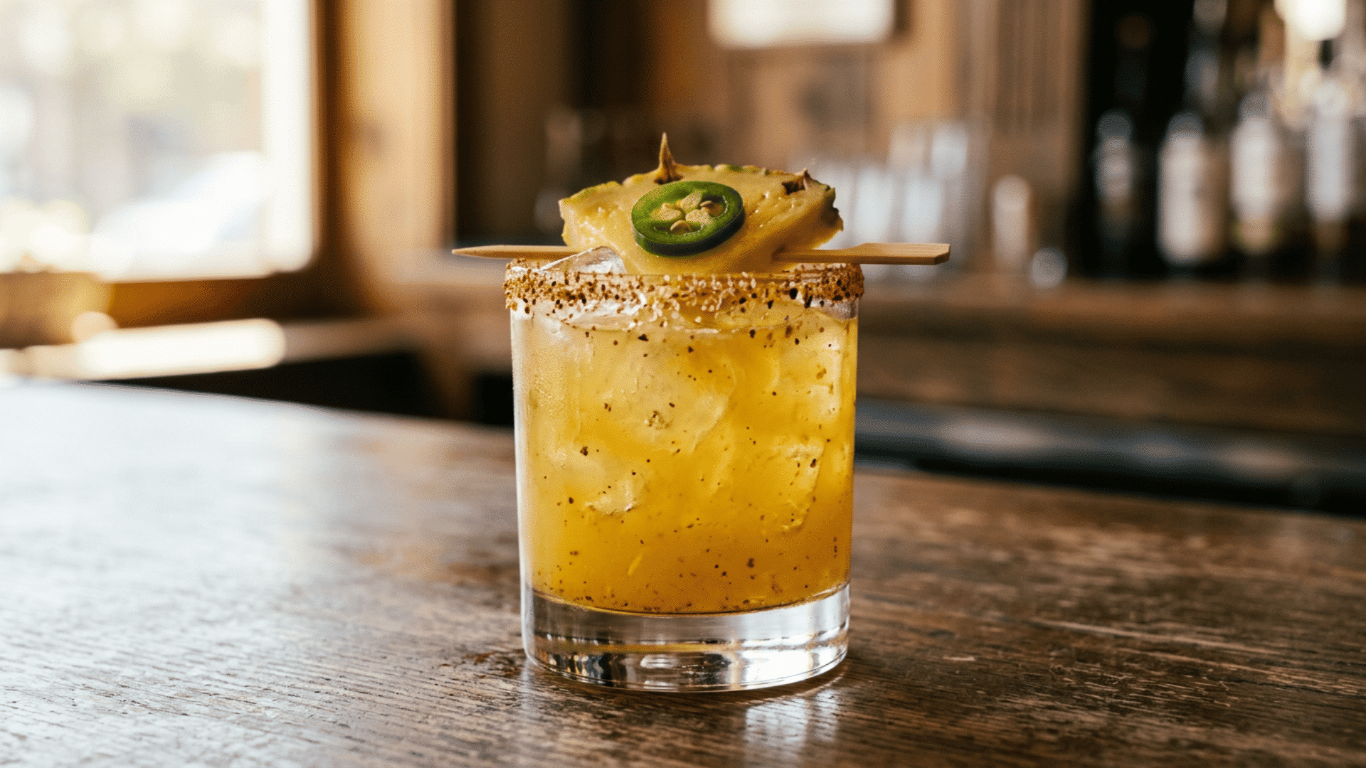 Pineapple chili margarita with a chili-salt rim and pineapple wedge