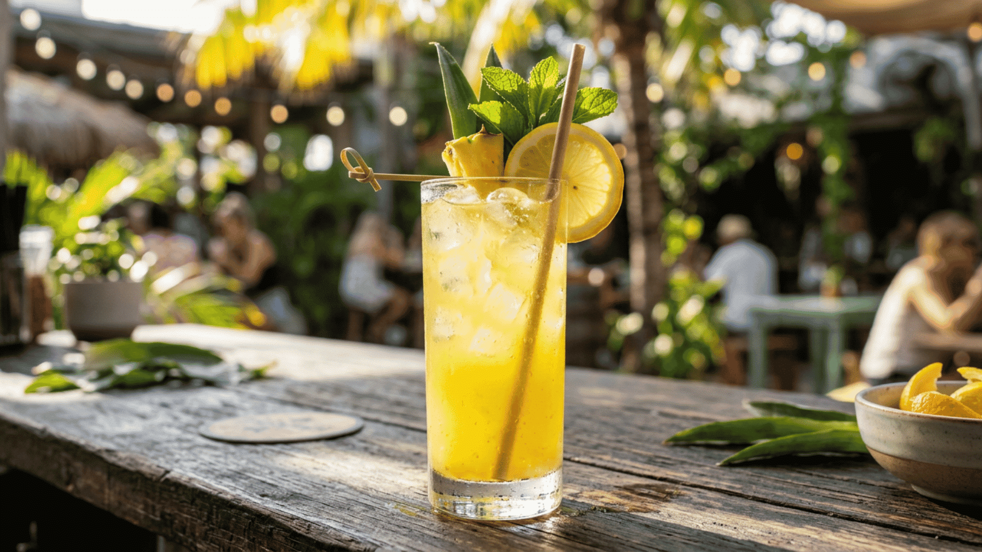 Pineapple lemonade drink with lemon and mint on an outdoor table