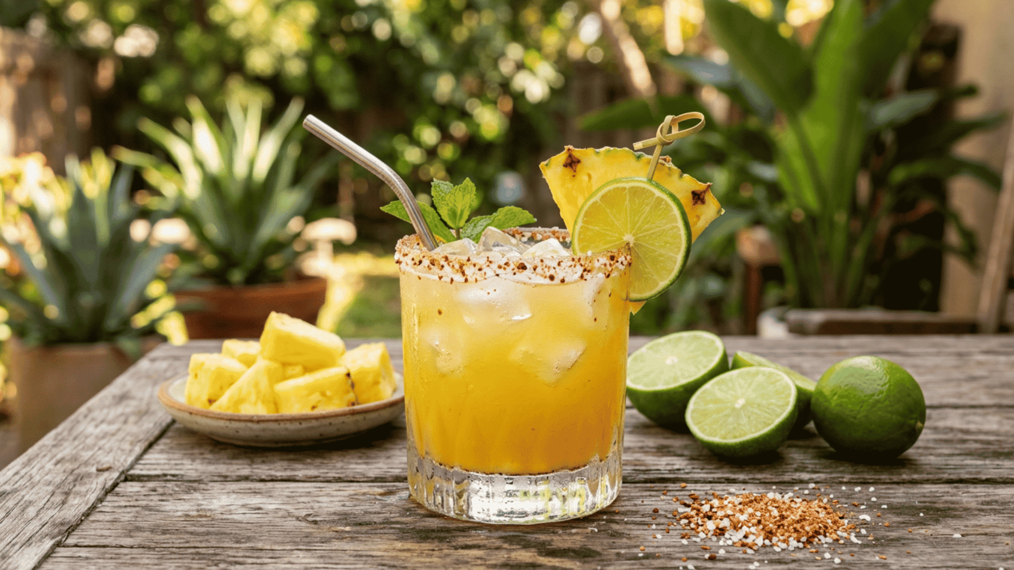 Pineapple margarita with salted rim, lime, pineapple, and ice on a rustic outdoor table