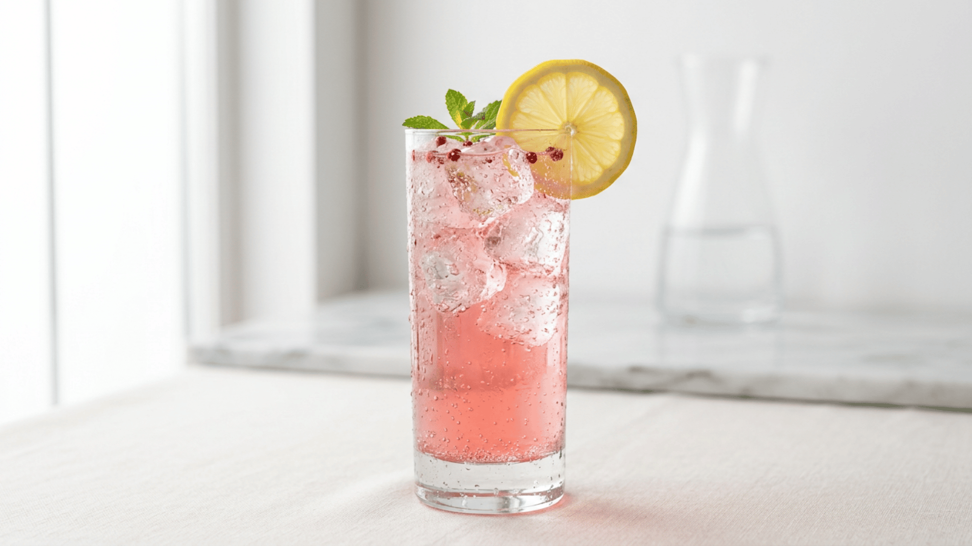 Pink gin lemonade with ice, lemon slice, mint, and berries in a tall glass