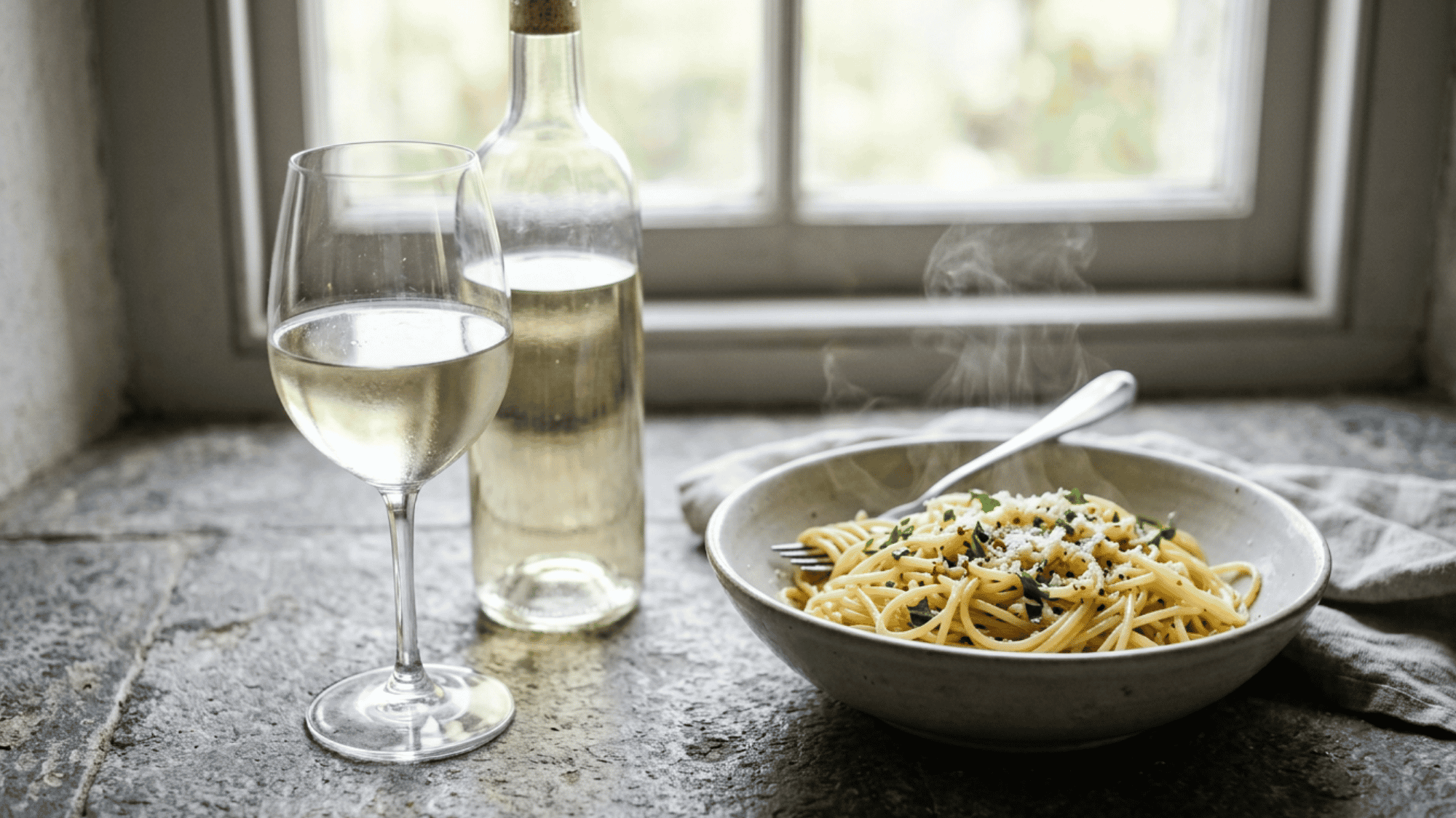 Glass and bottle of Pinot Grigio paired with a bowl of hot pasta by a bright window.
