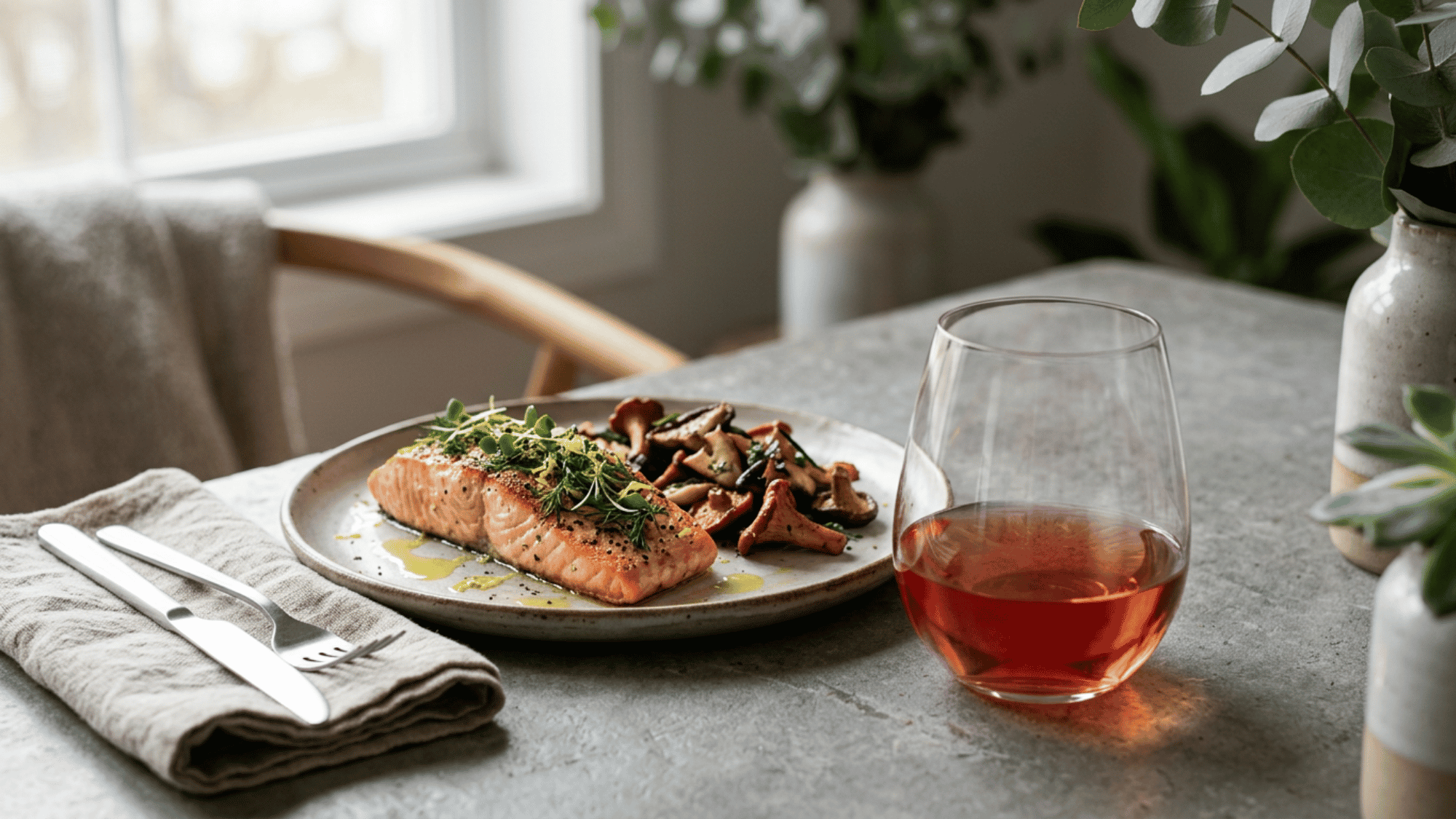 Pinot Noir with salmon and mushrooms on a bright modern table