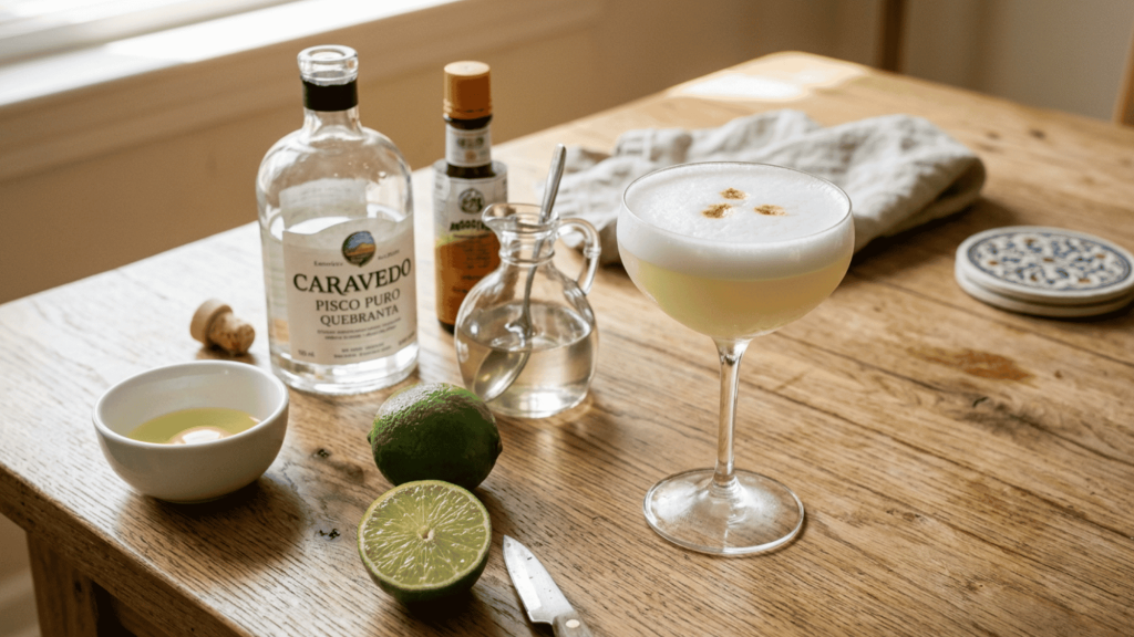 Pisco sour in a coupe glass on a wooden table with fresh lime, egg white, simple syrup, Angostura bitters, and pisco bottle beside it