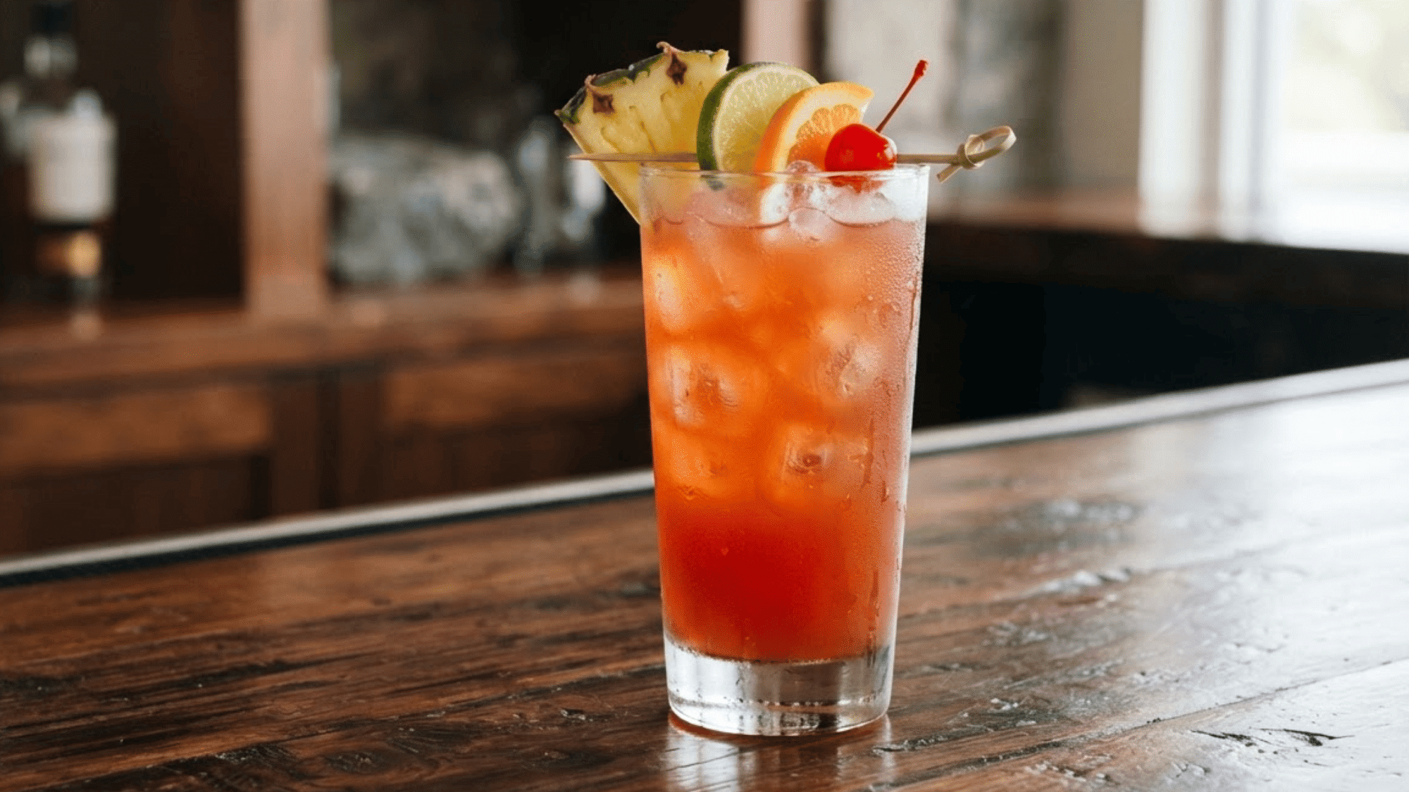Planter’s Punch with dark rum, citrus, bitters, ice, and tropical garnish.