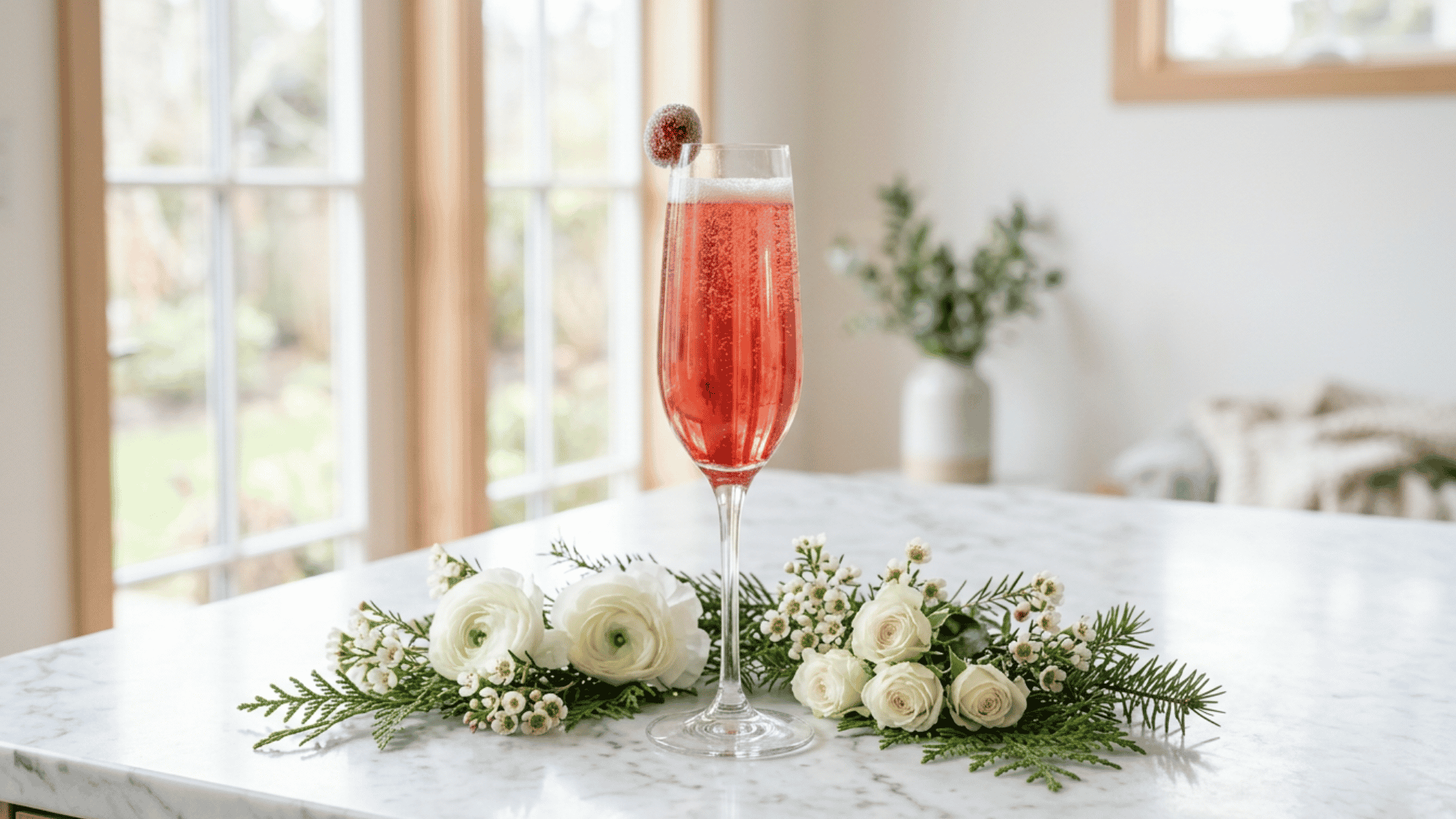 Sparkling Poinsettia cocktail in a champagne flute with white flowers on marble.