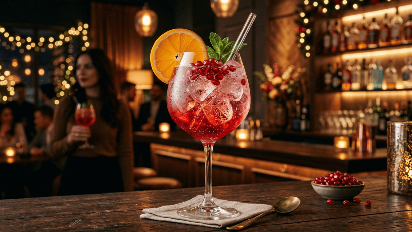 Vibrant ruby-red Pomegranate Aperol Spritz in a wine glass with ice, an orange slice, and mint.