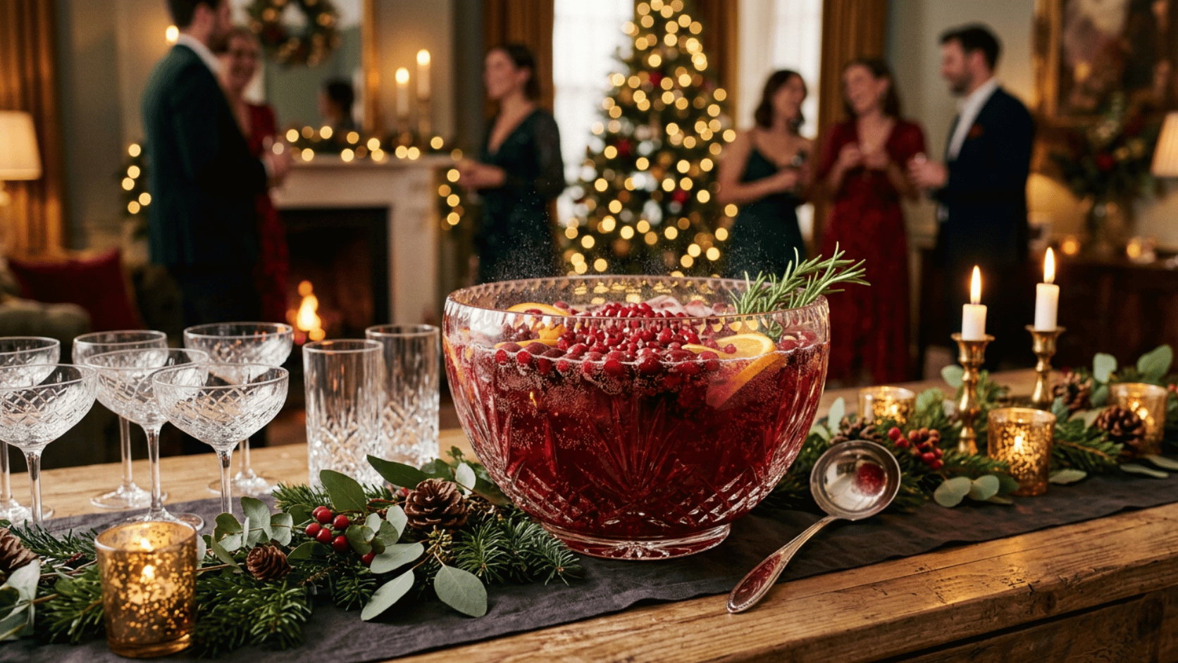 Deep garnet Pomegranate Holiday Punch in a bowl, garnished with pomegranate seeds and fresh mint.