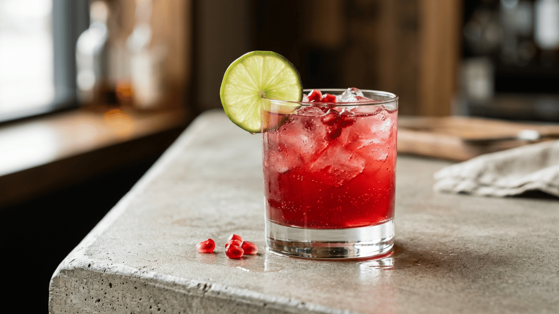 Pomegranate margarita with jewel-red color and pomegranate seed garnish
