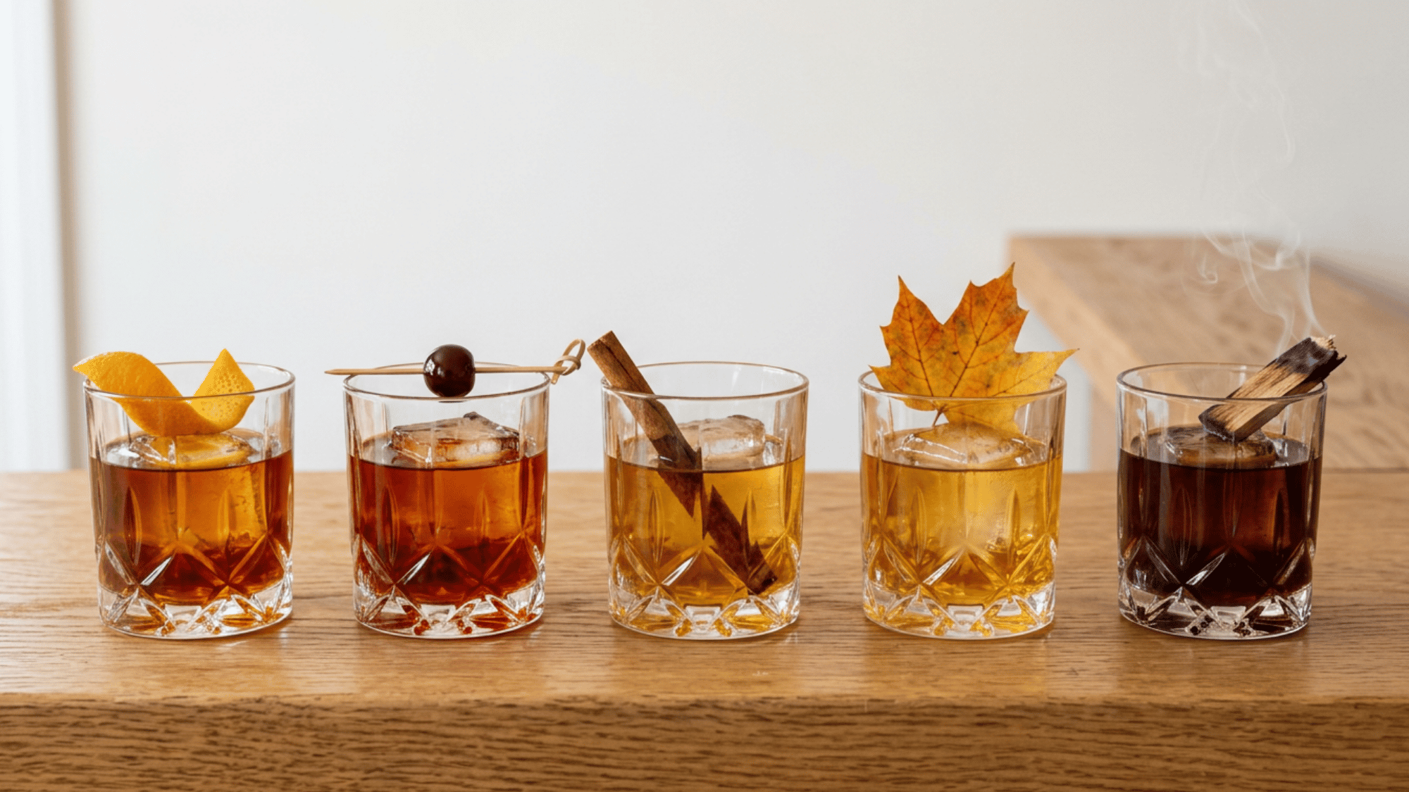 Five Old Fashioned cocktail variations in crystal glasses lined up on a wooden bar surface