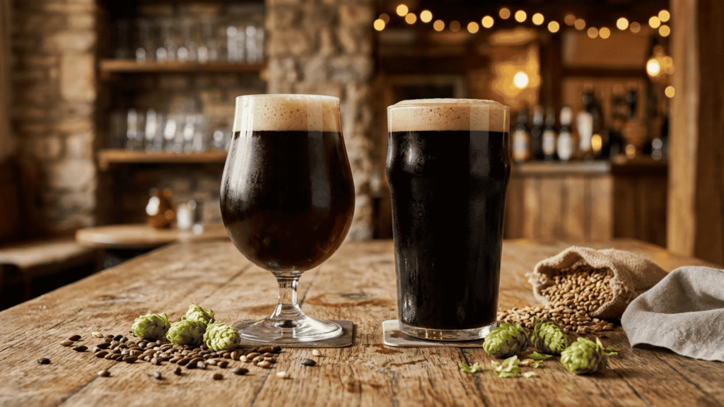 Two dark beers, Porter and Stout, on a wooden table with hops and malt grains.