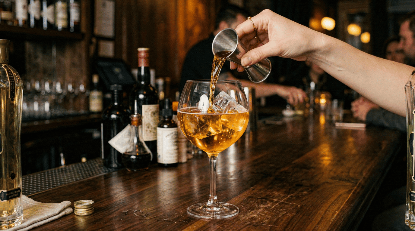 A hand tilts a jigger to pour clear elderflower liqueur over large ice cubes in a balloon wine glass on a dark wooden bar counter.
