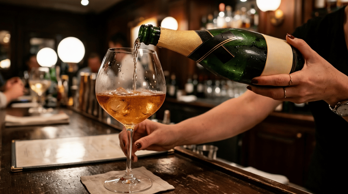 A hand pours chilled sparkling wine at an angle along the inner rim of a balloon wine glass on a dark wooden bar counter, bubbles rising through the pale liquid.