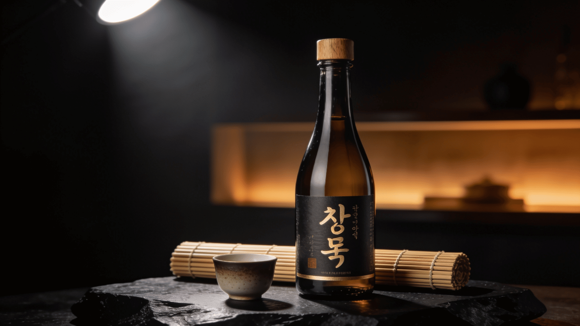 Premium soju bottle with dark label and wooden stopper beside a ceramic cup on black stone with moody spotlight