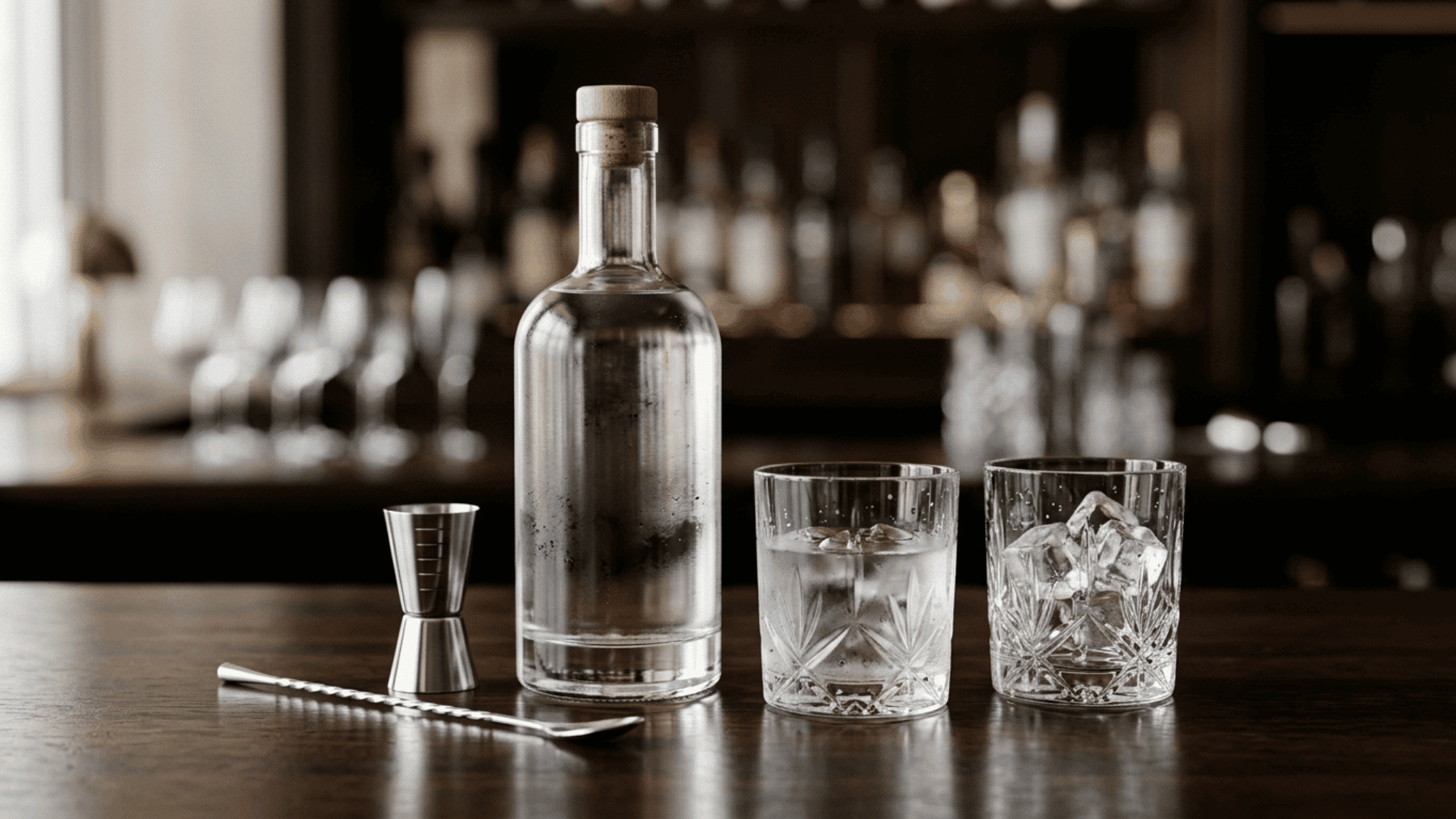 Vodka bottle with cork cap next to two crystal glasses with ice on a dark bar