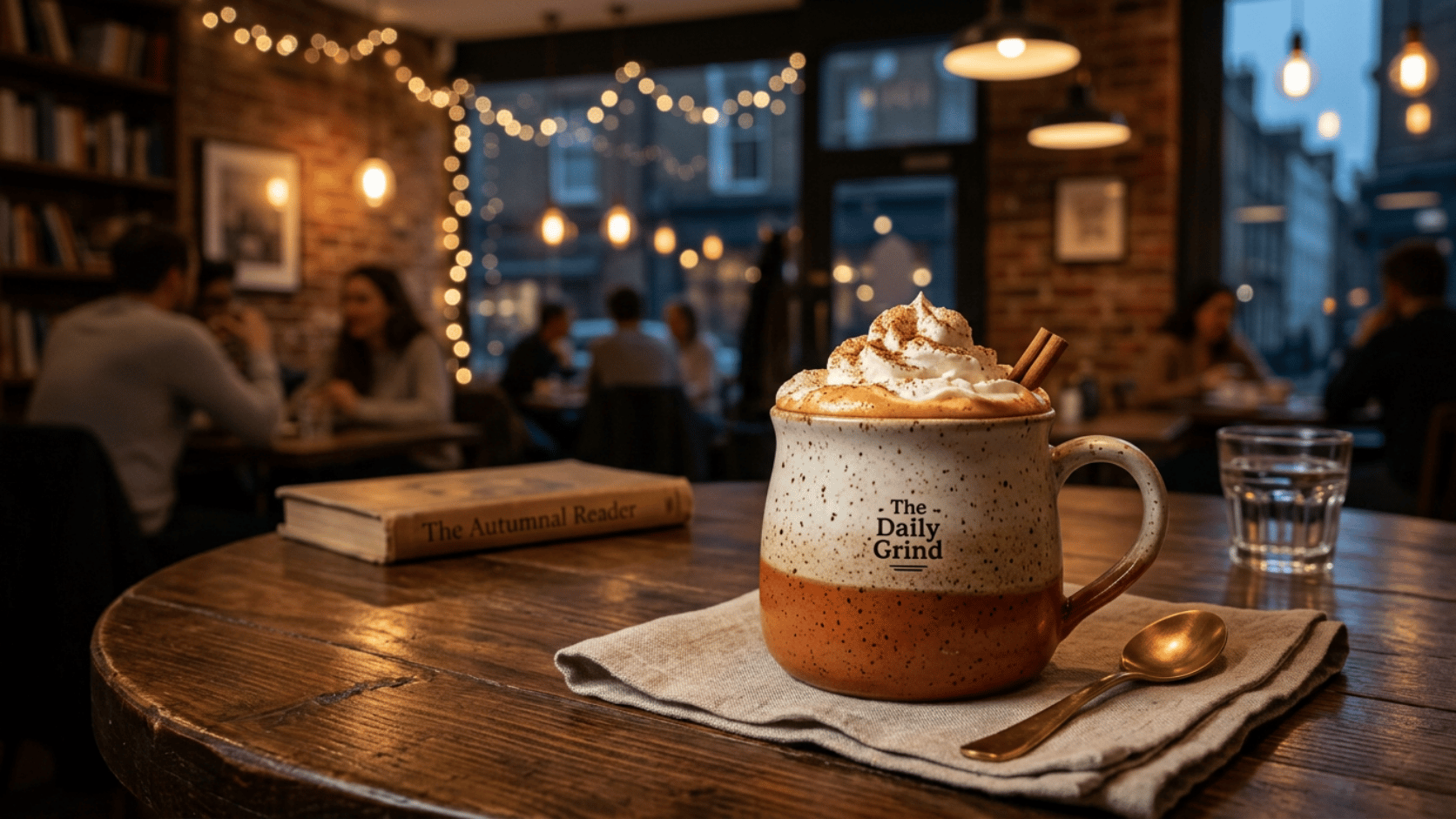 Warm Pumpkin Spice Latte in a cozy mug, topped with whipped cream and a dust of autumn spices.
