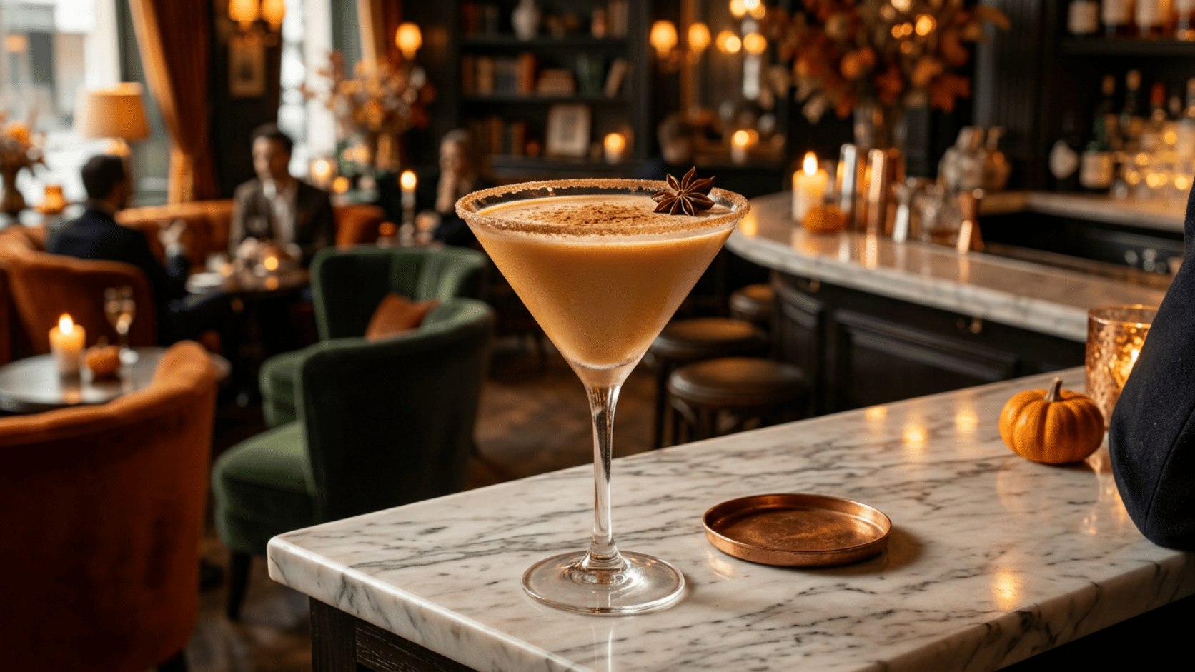 Pumpkin Spice Martini in a cinnamon-sugar-rimmed martini glass, dusted with cinnamon and nutmeg.