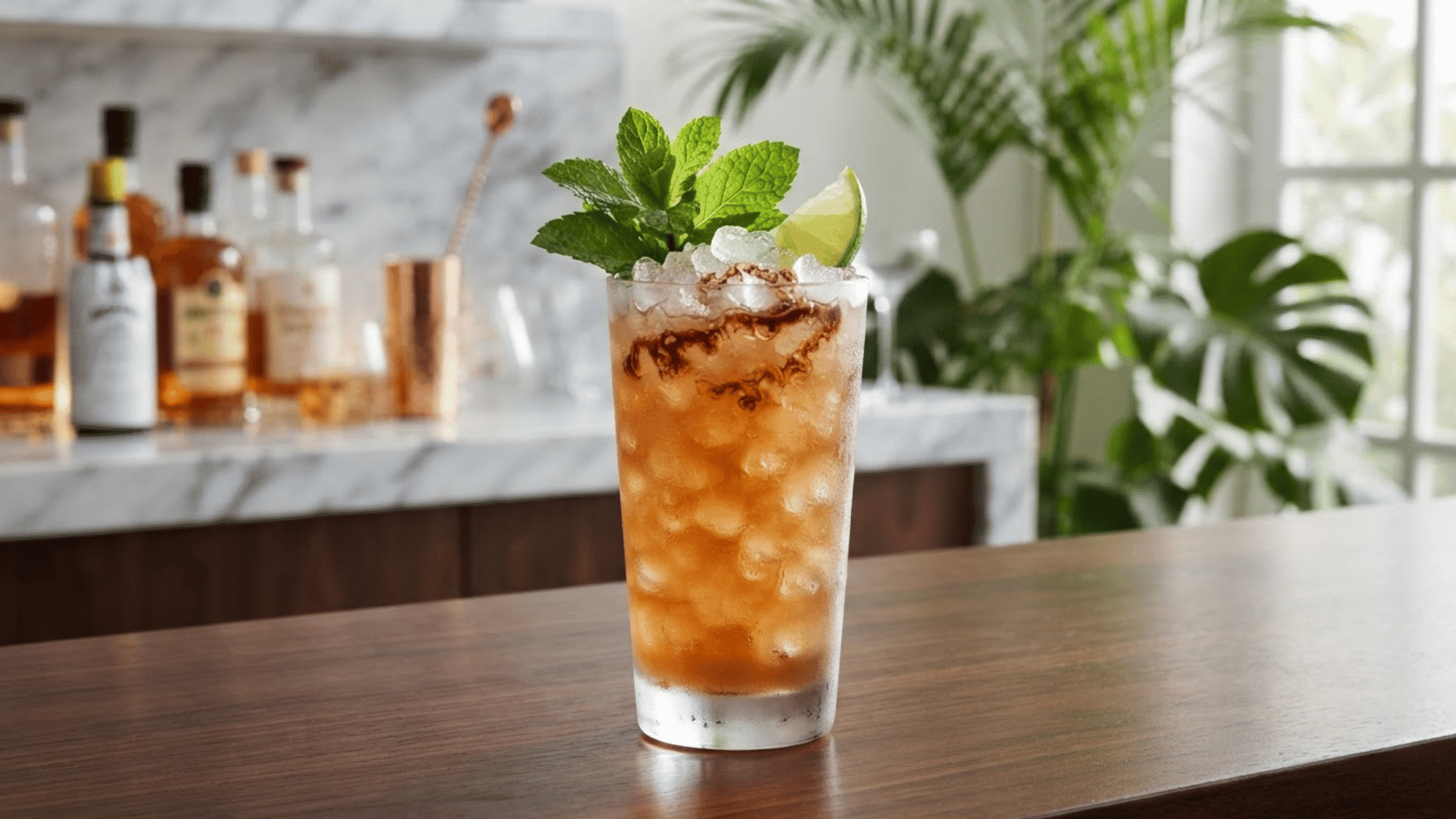 Queen’s Park Swizzle with crushed ice, mint, lime, bitters, and dark rum.
