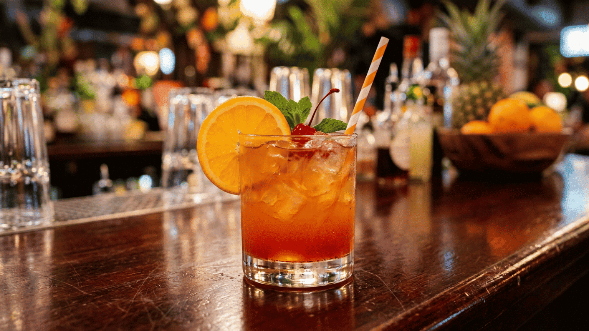 Quick rum punch cocktail with orange slice and cherry on a bar