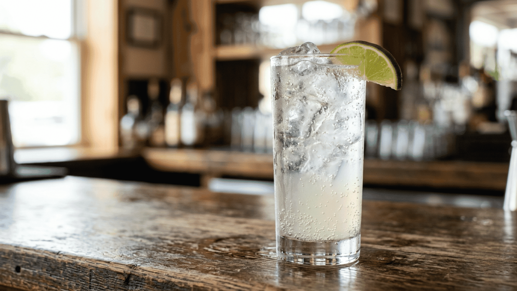 Ranch water cocktail with lime garnish and ice on a rustic bar counter