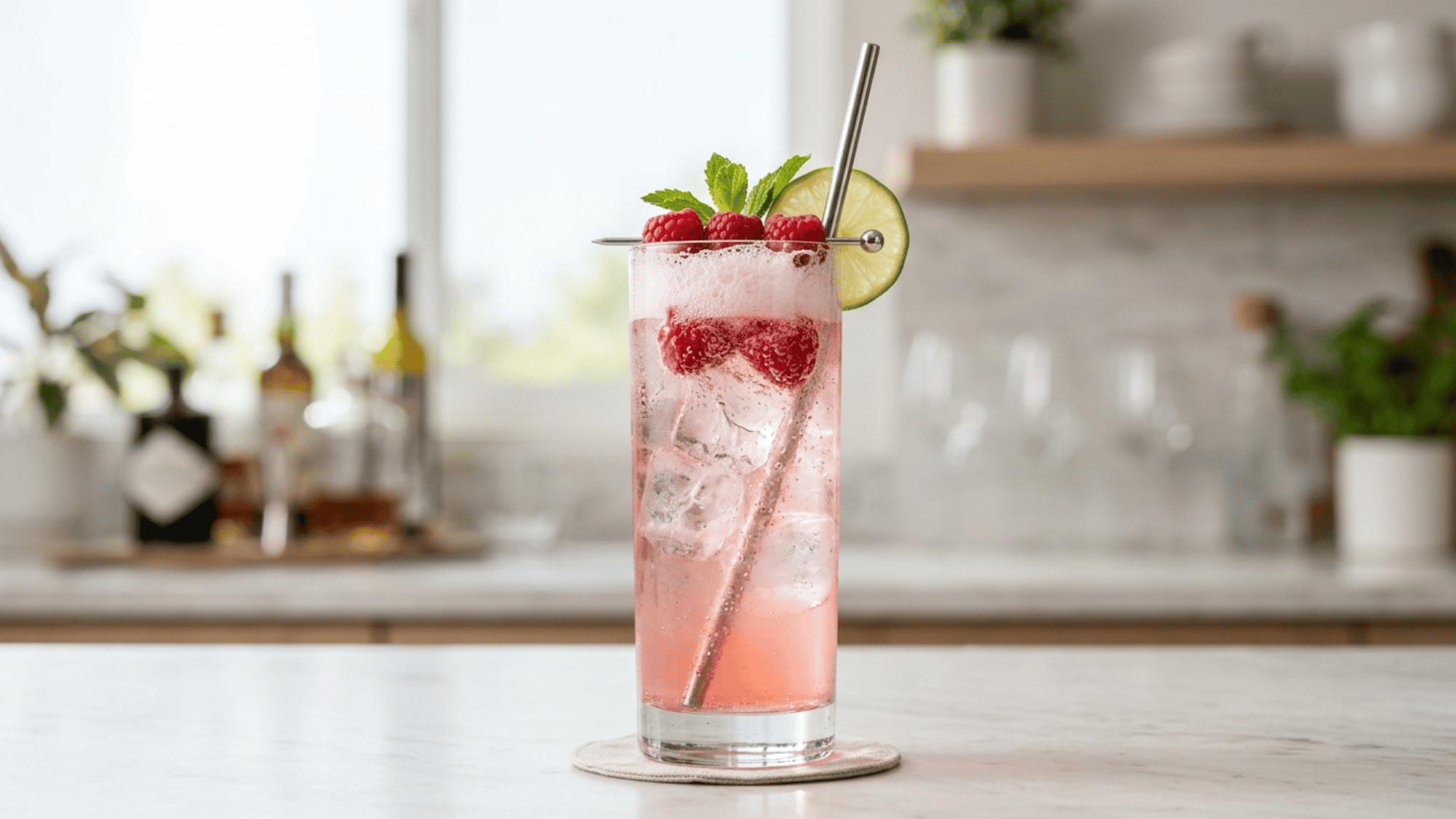 Raspberry gin fizz with raspberries, lime, mint, and ice in a tall glass