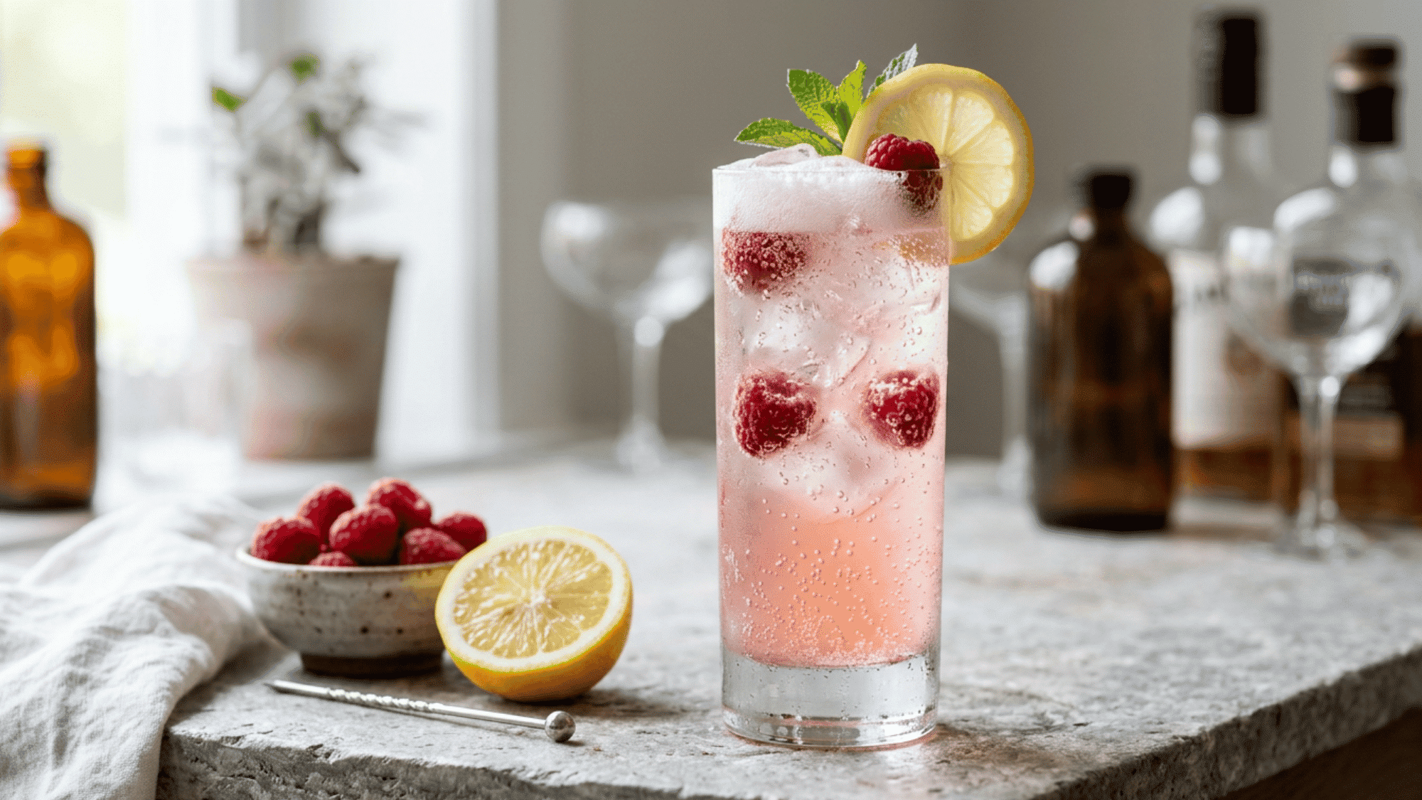 Raspberry gin fizz with lemon, mint, raspberries, ice, and bubbles on a stone counter