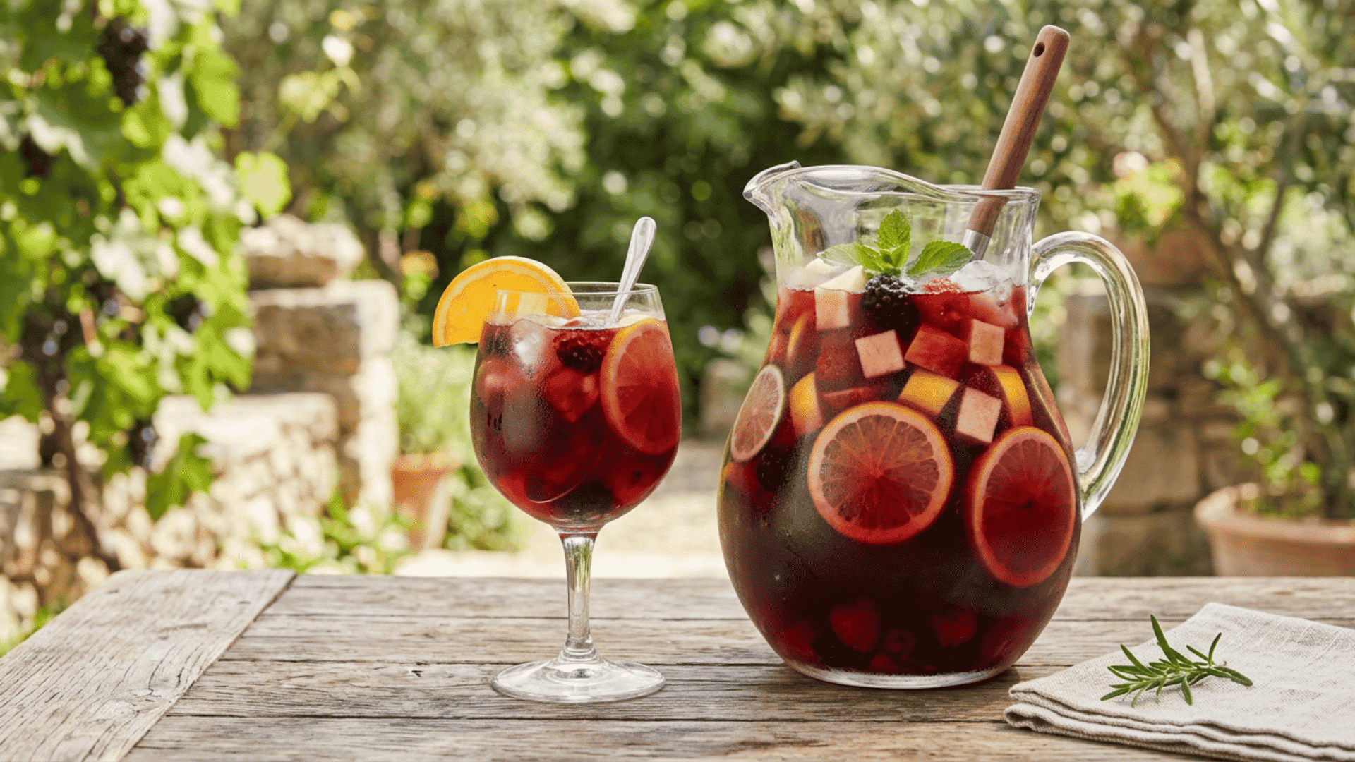 Red sangria in a pitcher and glass with citrus, apple, and berries.