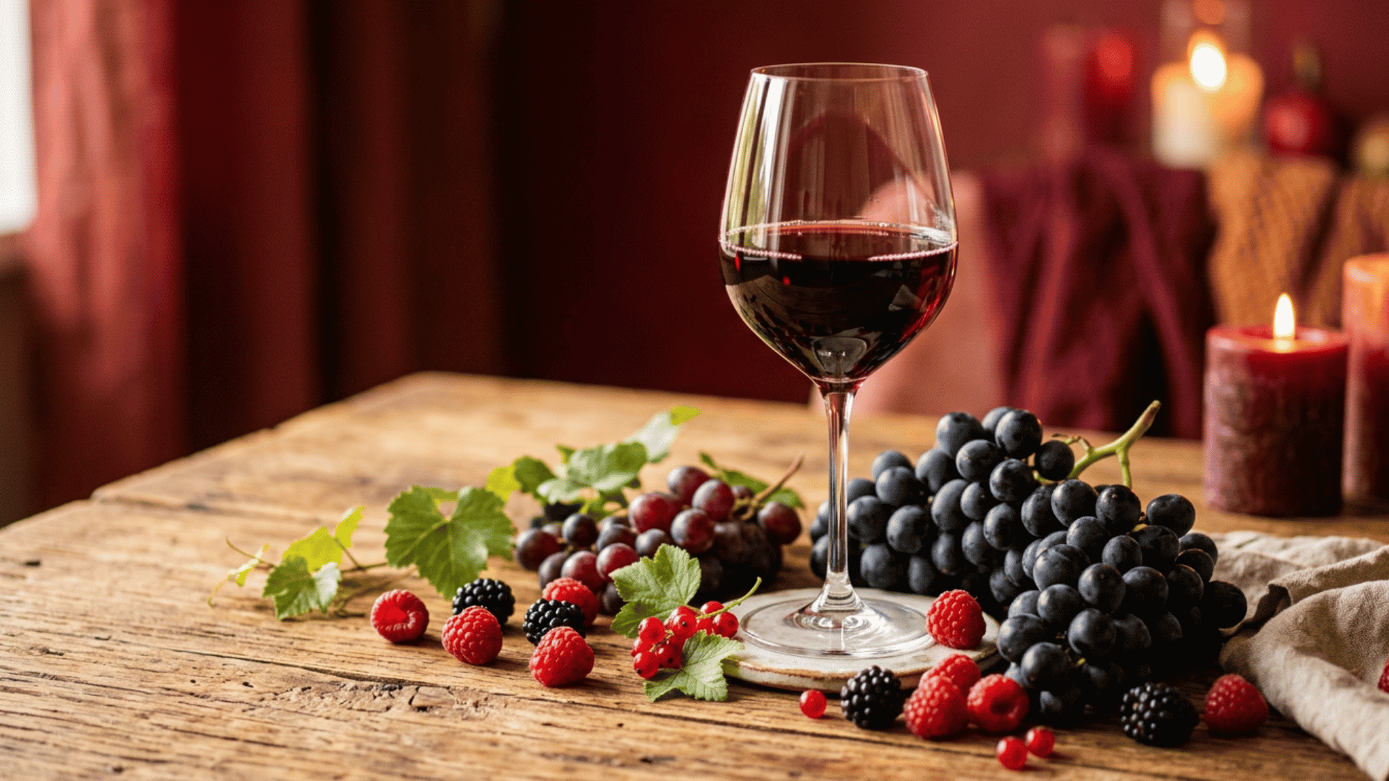 Glass of red wine on a wooden table with grapes and berries against a textured wall