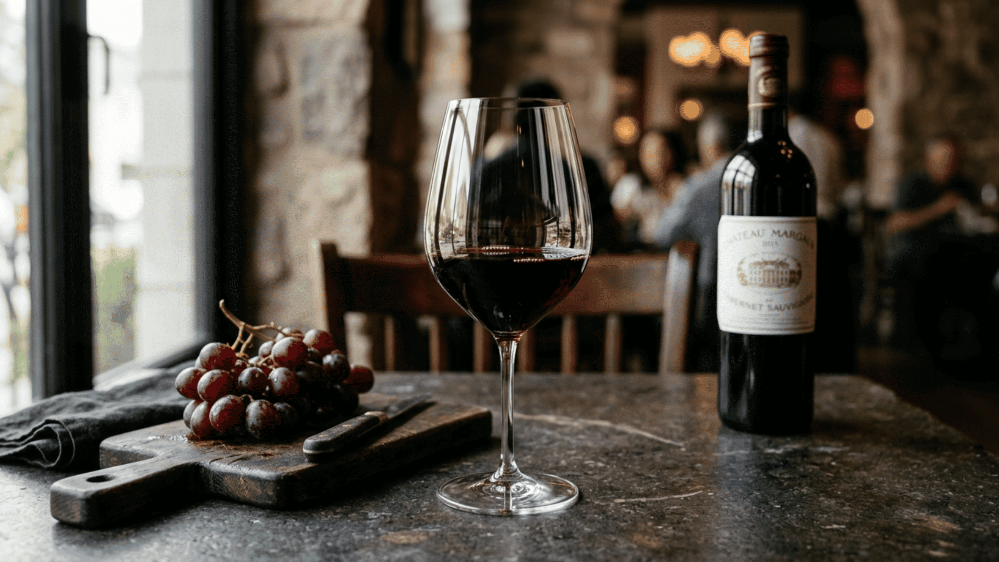 Red wine glass with grapes and bottle on rustic table in a cozy dining room bar.
