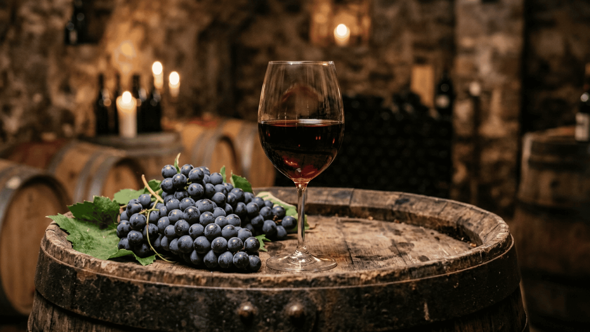 Glass of red wine beside grapes and oak barrel