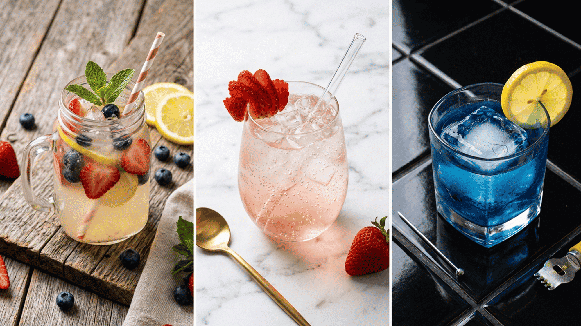 Vodka lemonade, strawberry spritz, and blue cocktail in a three-panel collage Summer Tequila Cocktails