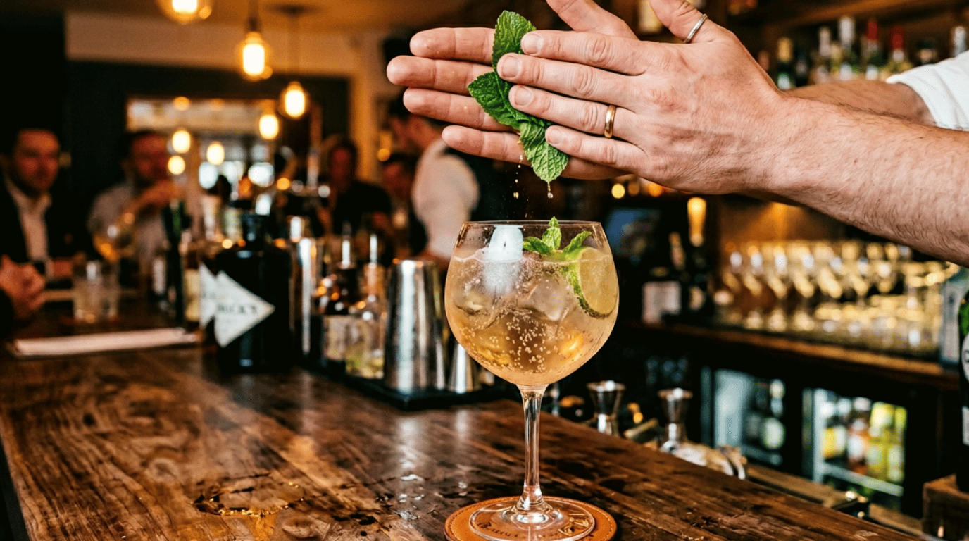 Two hands clap fresh mint leaves together just above a filled balloon wine glass on a dark wooden bar counter, releasing the herb's natural oils. 