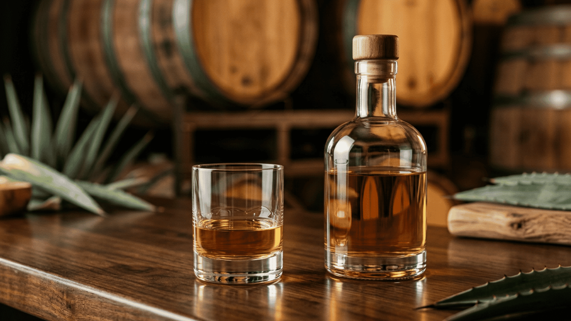 A glass of golden reposado tequila resting on a wooden bar counter next to an oak aging barrel.