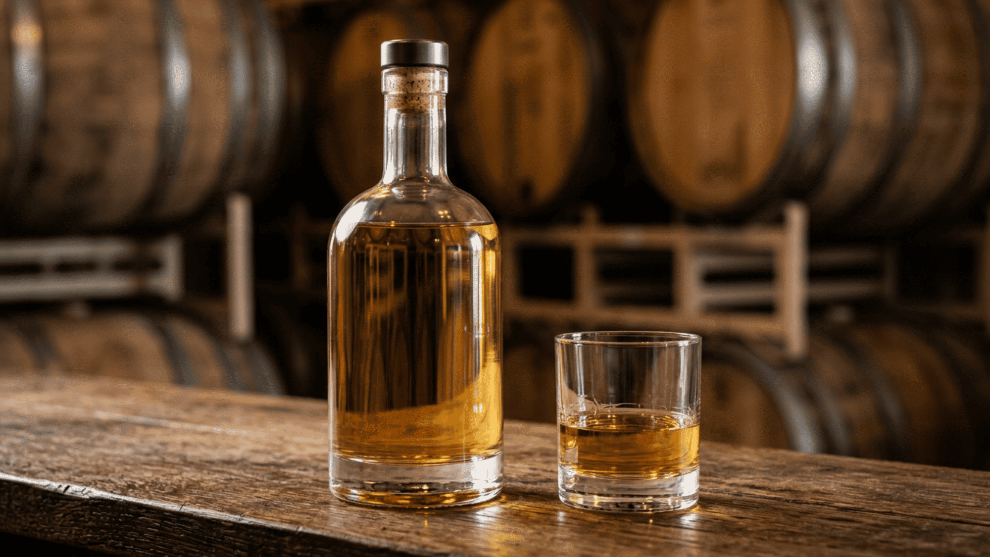 A clear glass bottle of artisan blanco tequila sitting on a wooden counter.
