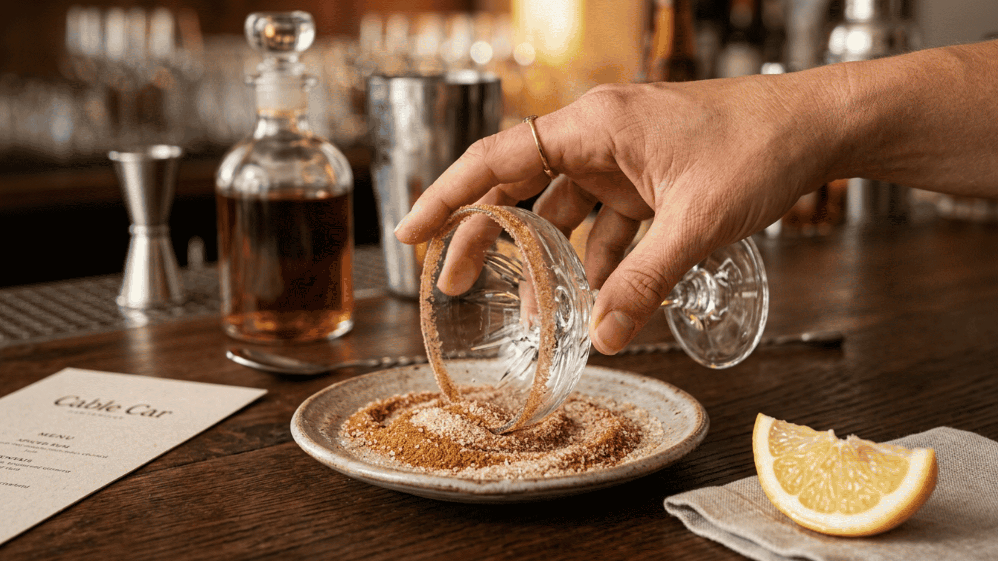 Dipping the rim of a coupe cocktail glass into a cinnamon-sugar mixture on a plate.