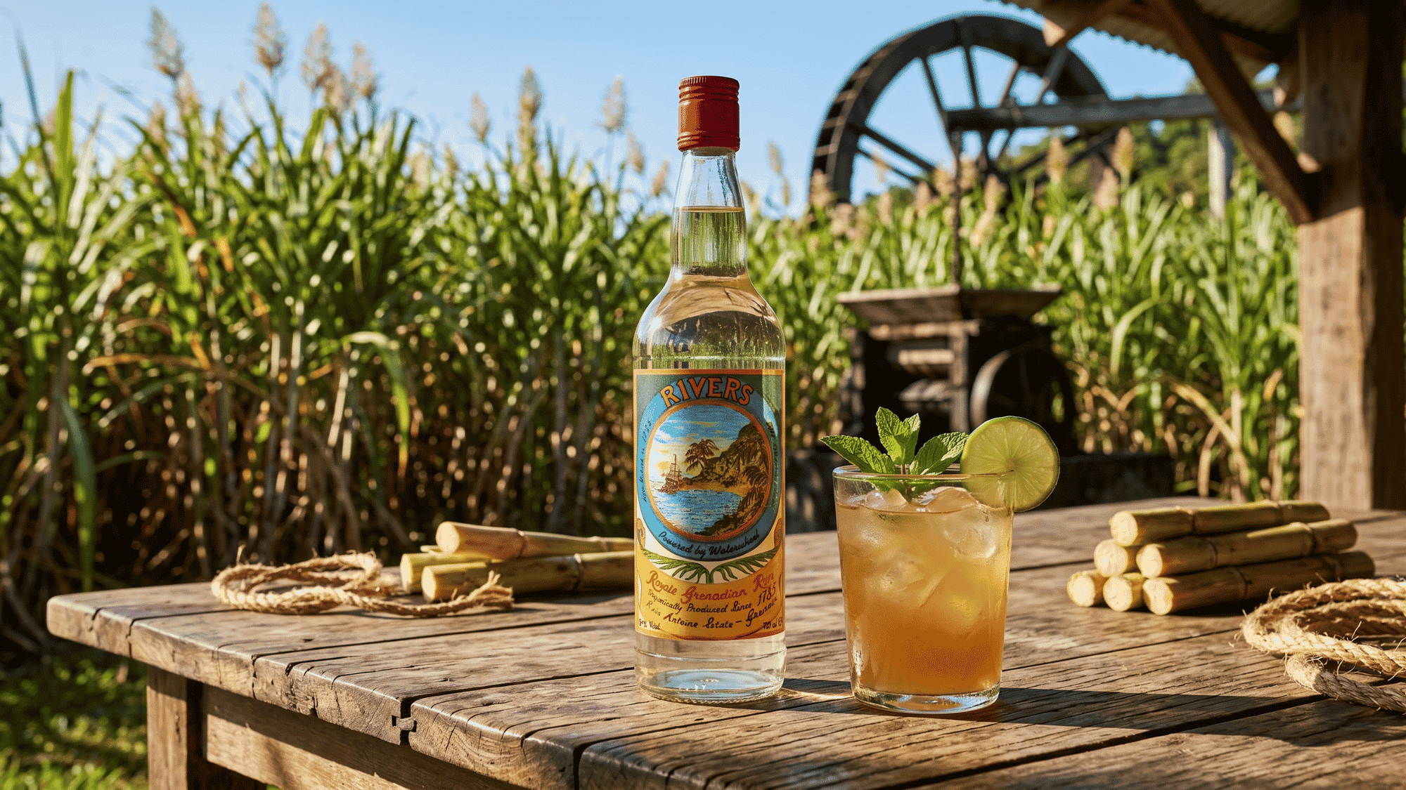 Rivers Royale Grenadian Rum bottle on rustic wood table near sugarcane field hapsburg-gold.png  Hapsburg Gold Label Absinthe bottle with green cocktail glass on dark bar
