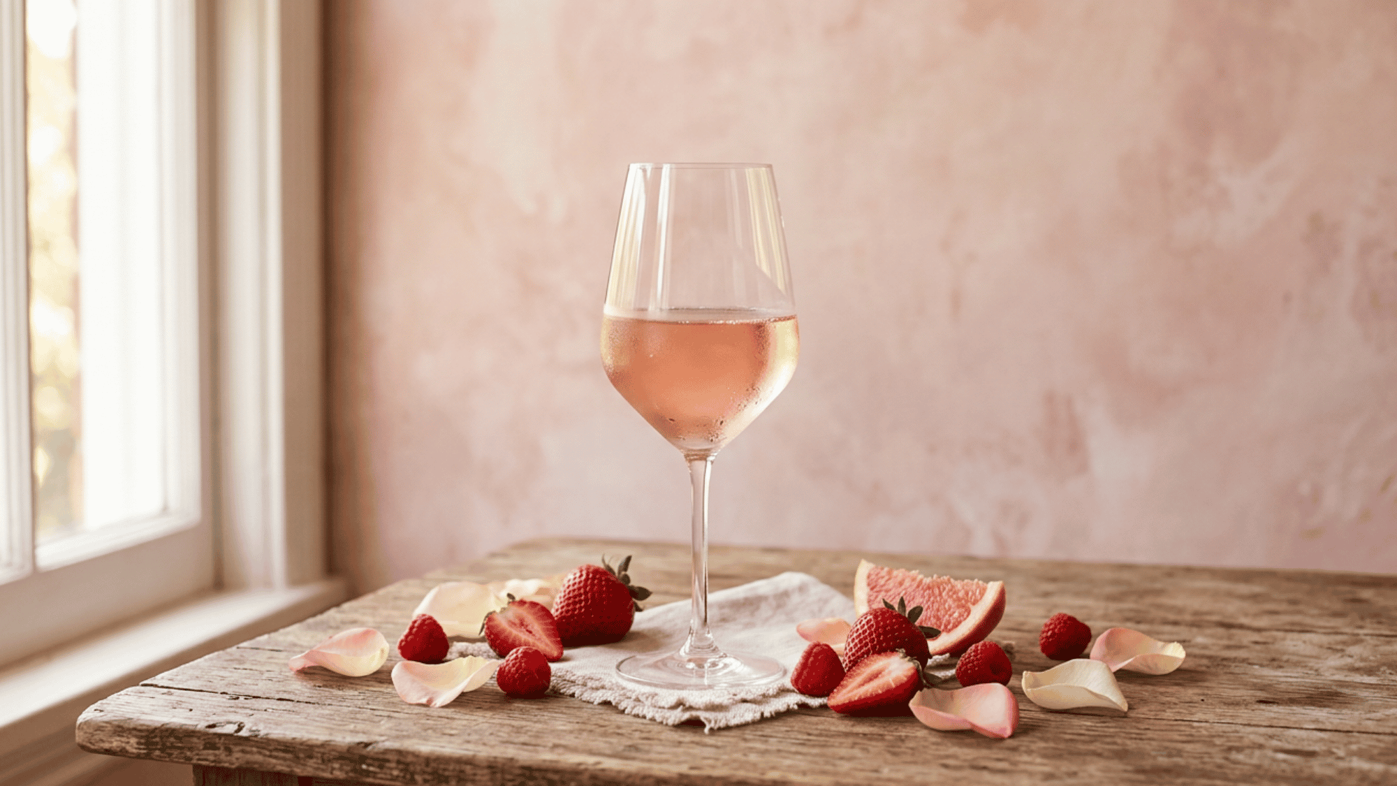 Glass of rosé wine on a wooden table with strawberries and grapefruit slices