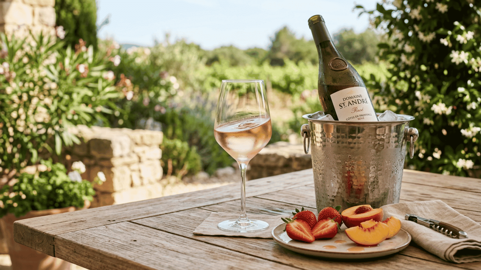 Rosé wine glass with chilled bottle, fresh fruit, and a sunny garden table scene