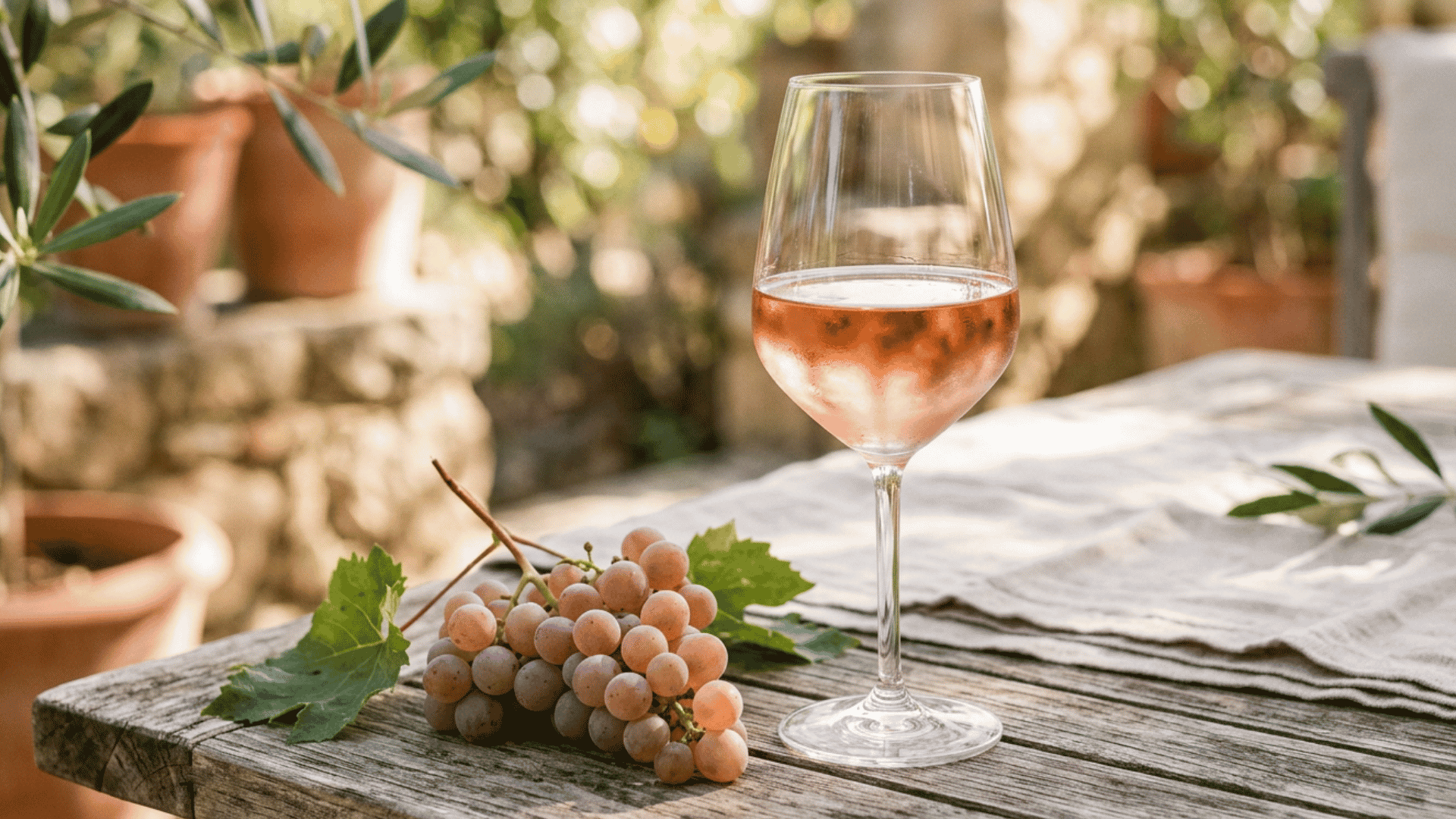 Glass of rosé wine on sunlit patio table