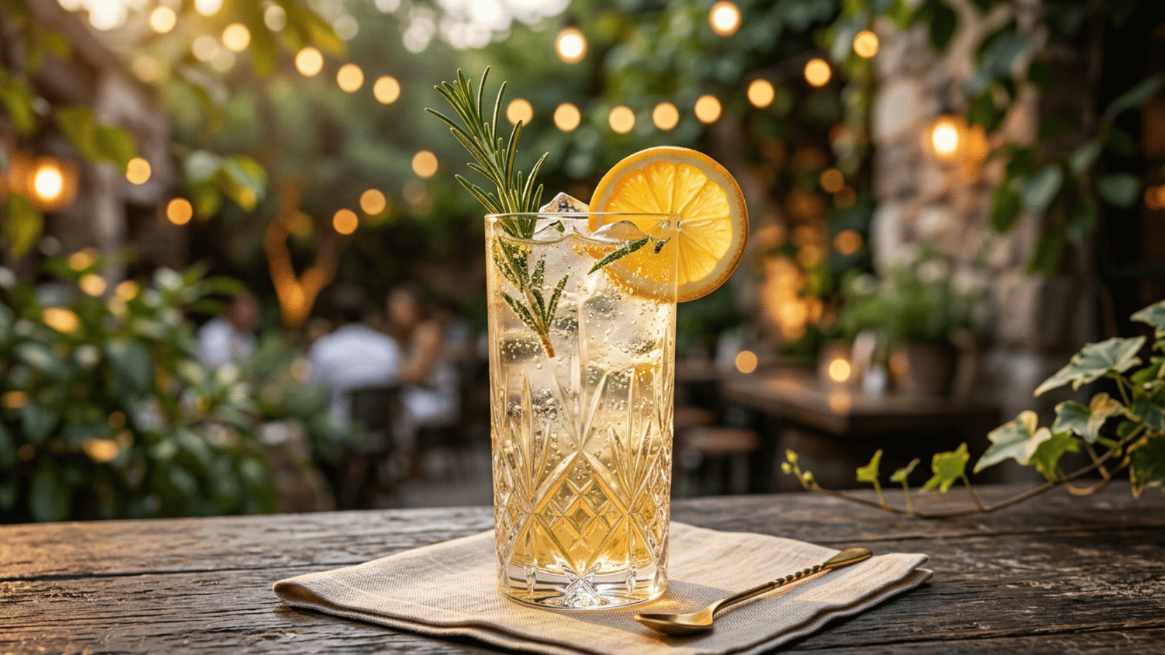 Rosemary Citrus Spritzer with ice in a glass, garnished with a fresh rosemary sprig and lemon wheel.